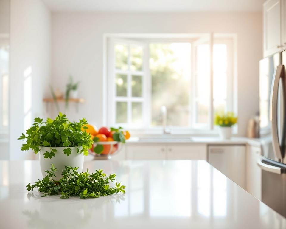 A bright and airy kitchen environment showcasing the benefits of improved air quality after a deep cleaning. In the foreground, a sparkling clean kitchen countertop is adorned with fresh herbs, a bowl of vibrant fruits, and gleaming stainless-steel appliances. The middle ground features an open window with soft, diffused natural light flooding in, illustrating the freshness and clarity in the air. In the background, a subtle mist or haze indicates purity, symbolizing improved air quality. The scene is devoid of clutter, radiating a sense of organization and tranquility. The mood is uplifting and refreshing, encouraging a feeling of health and wellness. Use a wide-angle lens to capture the spaciousness and ensure the lighting highlights the cleanliness and brightness of the space. A bright and airy kitchen environment showcasing the benefits of improved air quality after a deep cleaning. In the foreground, a sparkling clean kitchen countertop is adorned with fresh herbs, a bowl of vibrant fruits, and gleaming stainless-steel appliances. The middle ground features an open window with soft, diffused natural light flooding in, illustrating the freshness and clarity in the air. In the background, a subtle mist or haze indicates purity, symbolizing improved air quality. The scene is devoid of clutter, radiating a sense of organization and tranquility. The mood is uplifting and refreshing, encouraging a feeling of health and wellness. Use a wide-angle lens to capture the spaciousness and ensure the lighting highlights the cleanliness and brightness of the space.