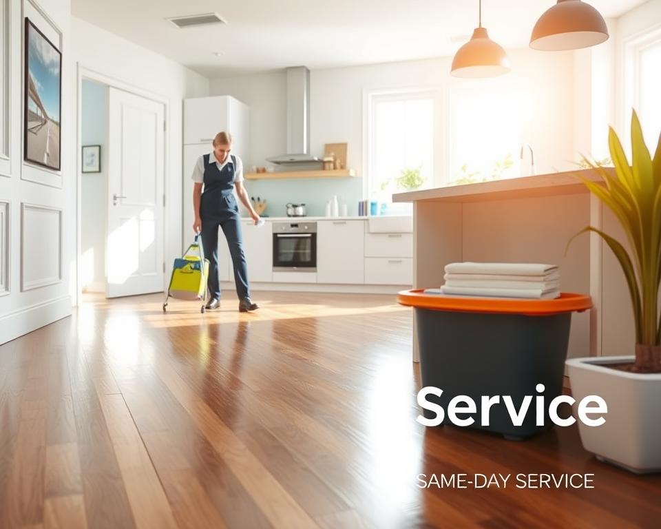 A bright and modern cleaning service environment showcasing the results of a professional deep clean. In the foreground, gleaming hardwood floors reflect light, emphasizing cleanliness. A well-dressed cleaning technician in a neat uniform is carefully arranging sanitized cleaning supplies, showcasing expertise. In the middle, pristine kitchen counters with sparkling surfaces and neatly organized items create a sense of order. In the background, a large window allows natural light to flood the room, enhancing the clean atmosphere. Soft, warm lighting highlights the freshness of the space, creating an inviting mood. The focus is on the meticulous details and professionalism of the deep cleaning service, illustrating the advantages of same-day service in a vibrant, appealing way. A bright and modern cleaning service environment showcasing the results of a professional deep clean. In the foreground, gleaming hardwood floors reflect light, emphasizing cleanliness. A well-dressed cleaning technician in a neat uniform is carefully arranging sanitized cleaning supplies, showcasing expertise. In the middle, pristine kitchen counters with sparkling surfaces and neatly organized items create a sense of order. In the background, a large window allows natural light to flood the room, enhancing the clean atmosphere. Soft, warm lighting highlights the freshness of the space, creating an inviting mood. The focus is on the meticulous details and professionalism of the deep cleaning service, illustrating the advantages of same-day service in a vibrant, appealing way.