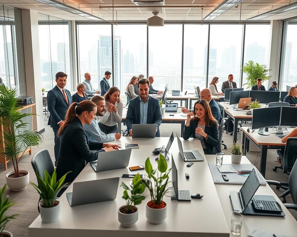 A bustling office environment showcasing a thriving workforce. In the foreground, diverse professionals in business attire collaborate enthusiastically around a sleek conference table with laptops and digital devices. In the middle ground, employees are engaged in focused tasks at clean, organized desks, with plants and cheerful personal touches enhancing the atmosphere. The background features large windows allowing natural light to flood the bright, modern space, revealing a cityscape of Dubai. Soft lighting creates a warm, inviting ambiance, highlighting the cleanliness and orderliness of the office. The overall mood is energetic and positive, reflecting the direct connection between a clean office and increased productivity. A bustling office environment showcasing a thriving workforce. In the foreground, diverse professionals in business attire collaborate enthusiastically around a sleek conference table with laptops and digital devices. In the middle ground, employees are engaged in focused tasks at clean, organized desks, with plants and cheerful personal touches enhancing the atmosphere. The background features large windows allowing natural light to flood the bright, modern space, revealing a cityscape of Dubai. Soft lighting creates a warm, inviting ambiance, highlighting the cleanliness and orderliness of the office. The overall mood is energetic and positive, reflecting the direct connection between a clean office and increased productivity.