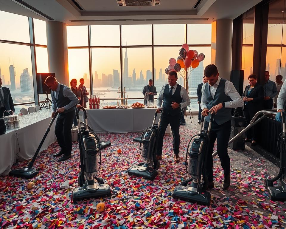 A bustling scene of post-event chaos in an upscale Dubai venue, featuring a team of professional cleaners in smart uniforms, energetically tidying up the aftermath of a vibrant party. In the foreground, we see two cleaners using industrial vacuum cleaners, surrounded by scattered confetti, empty glasses, and discarded decorations. The middle ground includes a long table filled with leftover food and a few balloons, while in the background, large windows reveal the shimmering Dubai skyline under warm sunset lighting. The atmosphere is one of focused activity and professionalism, highlighting the urgency and efficiency of deep cleaning. Use natural light to enhance the scene's vibrancy, with a wide-angle lens capturing the entire room's action. A bustling scene of post-event chaos in an upscale Dubai venue, featuring a team of professional cleaners in smart uniforms, energetically tidying up the aftermath of a vibrant party. In the foreground, we see two cleaners using industrial vacuum cleaners, surrounded by scattered confetti, empty glasses, and discarded decorations. The middle ground includes a long table filled with leftover food and a few balloons, while in the background, large windows reveal the shimmering Dubai skyline under warm sunset lighting. The atmosphere is one of focused activity and professionalism, highlighting the urgency and efficiency of deep cleaning. Use natural light to enhance the scene's vibrancy, with a wide-angle lens capturing the entire room's action.