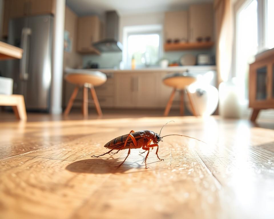 A close-up view of a cockroach scurrying across a polished wooden floor in a sunlit, domestic living space, emphasizing the detail and texture of the insect's exoskeleton. In the background, a modern kitchen is slightly out of focus, with sunlight streaming through a window, illuminating the scene. The room has a clean, well-organized appearance, but the visible cockroach creates a stark contrast, evoking feelings of concern and alertness. Capture the image in bright, natural light to convey a daytime setting. Use a shallow depth of field to bring the cockroach into sharp focus while blurring the background, highlighting the unexpectedness of its daytime presence. The mood should convey urgency and awareness regarding the potential infestation. A close-up view of a cockroach scurrying across a polished wooden floor in a sunlit, domestic living space, emphasizing the detail and texture of the insect's exoskeleton. In the background, a modern kitchen is slightly out of focus, with sunlight streaming through a window, illuminating the scene. The room has a clean, well-organized appearance, but the visible cockroach creates a stark contrast, evoking feelings of concern and alertness. Capture the image in bright, natural light to convey a daytime setting. Use a shallow depth of field to bring the cockroach into sharp focus while blurring the background, highlighting the unexpectedness of its daytime presence. The mood should convey urgency and awareness regarding the potential infestation.