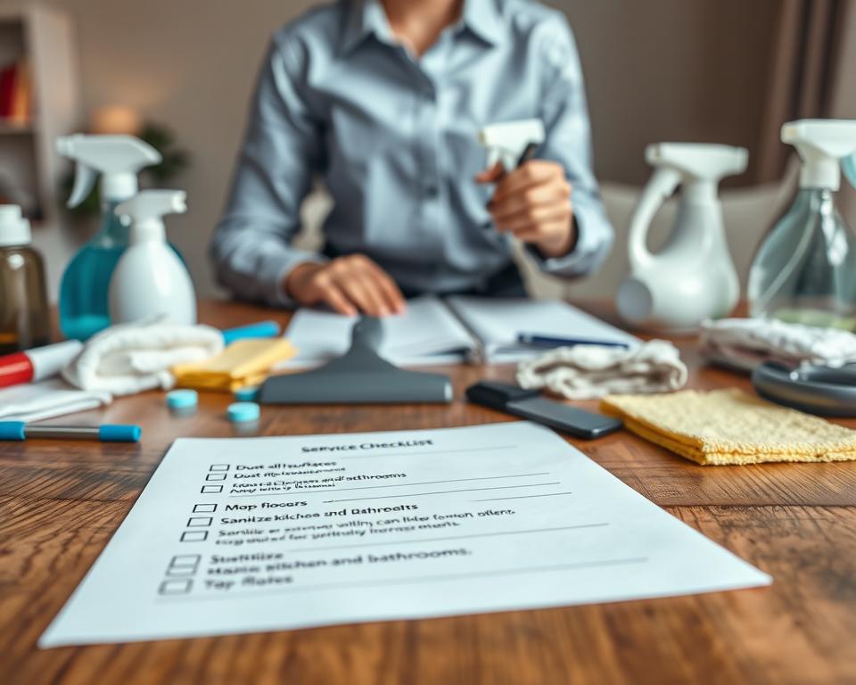 A close-up view of a deep cleaning service checklist, elegantly displayed on a wooden desk. In the foreground, the checklist is neatly arranged, showing tasks like "Dust all surfaces," "Mop floors," and "Sanitize kitchen and bathrooms" in a clear font. Scattered around are cleaning supplies such as sprays, cloths, and a vacuum cleaner, all in pastel colors to enhance the inviting atmosphere. In the middle ground, a person in professional attire is reviewing the list, holding a pen, suggesting attentiveness to detail. The background features soft, ambient lighting with gentle shadows, lending a cozy, productive vibe. The overall mood is one of organization and efficiency, embodying the thoroughness expected from a same-day deep cleaning service. A close-up view of a deep cleaning service checklist, elegantly displayed on a wooden desk. In the foreground, the checklist is neatly arranged, showing tasks like "Dust all surfaces," "Mop floors," and "Sanitize kitchen and bathrooms" in a clear font. Scattered around are cleaning supplies such as sprays, cloths, and a vacuum cleaner, all in pastel colors to enhance the inviting atmosphere. In the middle ground, a person in professional attire is reviewing the list, holding a pen, suggesting attentiveness to detail. The background features soft, ambient lighting with gentle shadows, lending a cozy, productive vibe. The overall mood is one of organization and efficiency, embodying the thoroughness expected from a same-day deep cleaning service.