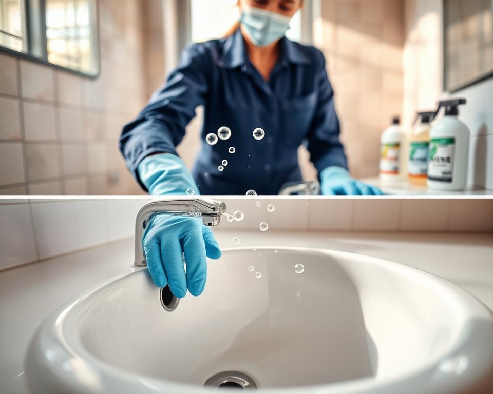 A close-up view of a sparkling clean bathroom sink showcasing before-and-after scenarios of hard water stains removal. In the foreground, a professional cleaner, dressed in a navy blue uniform with gloves and a mask, scrubs the porcelain sink, revealing its pristine surface. Bubbles of cleaning solution glisten as sunlight filters through a window, illuminating the scene. In the middle ground, a collection of eco-friendly cleaning products is neatly arranged on a counter, emphasizing a deep cleaning service. The background features tiled walls that are free of bacteria and grime, with a fresh and inviting atmosphere achieved through warm lighting, highlighting the cleanliness of the space. Overall, the image conveys a sense of thoroughness and professionalism in bathroom sanitation. A close-up view of a sparkling clean bathroom sink showcasing before-and-after scenarios of hard water stains removal. In the foreground, a professional cleaner, dressed in a navy blue uniform with gloves and a mask, scrubs the porcelain sink, revealing its pristine surface. Bubbles of cleaning solution glisten as sunlight filters through a window, illuminating the scene. In the middle ground, a collection of eco-friendly cleaning products is neatly arranged on a counter, emphasizing a deep cleaning service. The background features tiled walls that are free of bacteria and grime, with a fresh and inviting atmosphere achieved through warm lighting, highlighting the cleanliness of the space. Overall, the image conveys a sense of thoroughness and professionalism in bathroom sanitation.