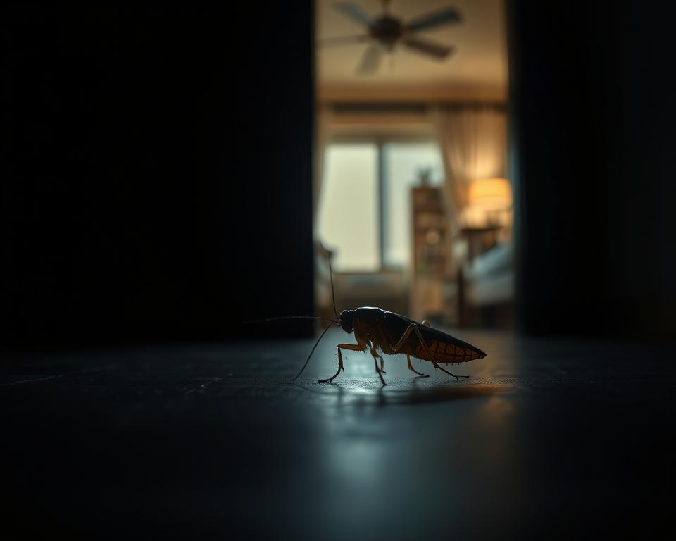 A dark, moody scene captures a cockroach scuttling across a dimly lit floor, emphasizing its photophobic behavior. The foreground features the cockroach in sharp focus, with its glossy exoskeleton reflecting a faint glow from an unseen light source, highlighting its intricate textures and details. In the middle ground, a shadowed corner of the room creates a sense of safety for the insect, symbolizing its aversion to light. The background reveals a blurred view of a typical UAE home, partially illuminated by a warm, ambient light. The atmosphere is tense yet intriguing, evoking a feeling of nighttime secrecy and the instinctual fear of light that drives cockroaches to venture out under the cover of darkness. The lighting is low, creating stark contrasts and enhancing the drama of the scene. A dark, moody scene captures a cockroach scuttling across a dimly lit floor, emphasizing its photophobic behavior. The foreground features the cockroach in sharp focus, with its glossy exoskeleton reflecting a faint glow from an unseen light source, highlighting its intricate textures and details. In the middle ground, a shadowed corner of the room creates a sense of safety for the insect, symbolizing its aversion to light. The background reveals a blurred view of a typical UAE home, partially illuminated by a warm, ambient light. The atmosphere is tense yet intriguing, evoking a feeling of nighttime secrecy and the instinctual fear of light that drives cockroaches to venture out under the cover of darkness. The lighting is low, creating stark contrasts and enhancing the drama of the scene.