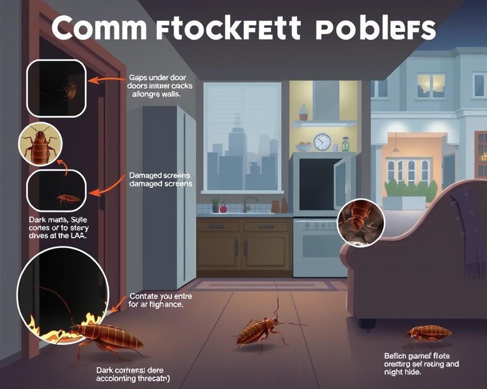 A detailed illustration showcasing common cockroach entry points in homes across the UAE. In the foreground, emphasize various openings such as gaps under doors, cracks along walls, and damaged screens, highlighting their potential for insect entry. The middle area includes a kitchen setting, with a focus on dark corners and behind appliances where cockroaches might hide. In the background, depict a typical UAE residential exterior with windows and outdoor pathways. Utilize soft, warm lighting to evoke a late-night atmosphere, enhancing the feeling of a home at night, and consider a slightly tilted angle for an engaging perspective. Focus on creating a sense of awareness about these entry points while maintaining a clean and professional aesthetic. A detailed illustration showcasing common cockroach entry points in homes across the UAE. In the foreground, emphasize various openings such as gaps under doors, cracks along walls, and damaged screens, highlighting their potential for insect entry. The middle area includes a kitchen setting, with a focus on dark corners and behind appliances where cockroaches might hide. In the background, depict a typical UAE residential exterior with windows and outdoor pathways. Utilize soft, warm lighting to evoke a late-night atmosphere, enhancing the feeling of a home at night, and consider a slightly tilted angle for an engaging perspective. Focus on creating a sense of awareness about these entry points while maintaining a clean and professional aesthetic.