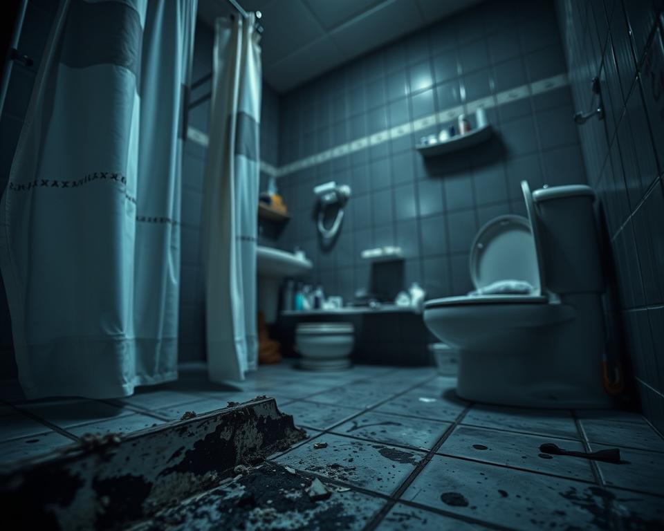 A dimly lit bathroom scene focusing on hidden health hazards. In the foreground, a close-up of grimy grout between tiles, revealing black mold and mildew. To the left, a shower curtain with water stains, slightly ajar, hinting at unseen dangers. In the middle ground, a cluttered sink area with toothbrushes and personal care items, some covered in dust. In the background, soft shadows cast by flickering fluorescent lighting, emphasizing a neglected toilet with visible germs. The overall atmosphere is unsettling, with muted colors of grays and blues, conveying a sense of neglect and the need for deep cleaning. Use a wide-angle lens to capture the entirety of the scene, ensuring the details of the health hazards are sharp and clear. A dimly lit bathroom scene focusing on hidden health hazards. In the foreground, a close-up of grimy grout between tiles, revealing black mold and mildew. To the left, a shower curtain with water stains, slightly ajar, hinting at unseen dangers. In the middle ground, a cluttered sink area with toothbrushes and personal care items, some covered in dust. In the background, soft shadows cast by flickering fluorescent lighting, emphasizing a neglected toilet with visible germs. The overall atmosphere is unsettling, with muted colors of grays and blues, conveying a sense of neglect and the need for deep cleaning. Use a wide-angle lens to capture the entirety of the scene, ensuring the details of the health hazards are sharp and clear.