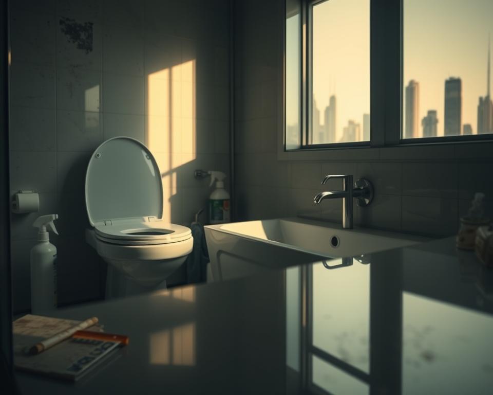 A dimly lit bathroom scene in Dubai, showcasing the limitations of surface cleaning. In the foreground, a neglected corner of the bathroom with dust and grime accumulated behind a toilet and under the sink, emphasizing the need for deep cleaning. The middle ground features a shiny surface with products like a squeegee and cleaning spray, contrasting with the hidden dirt. The background should depict reflective tiles with streaks, and a hint of the skyline of Dubai can be seen through a small window, suggesting the city outside. Use soft, natural lighting to create a moody atmosphere, focusing on the contrasts between clean and dirty areas, captured with a slightly tilted angle to emphasize the unevenness. A dimly lit bathroom scene in Dubai, showcasing the limitations of surface cleaning. In the foreground, a neglected corner of the bathroom with dust and grime accumulated behind a toilet and under the sink, emphasizing the need for deep cleaning. The middle ground features a shiny surface with products like a squeegee and cleaning spray, contrasting with the hidden dirt. The background should depict reflective tiles with streaks, and a hint of the skyline of Dubai can be seen through a small window, suggesting the city outside. Use soft, natural lighting to create a moody atmosphere, focusing on the contrasts between clean and dirty areas, captured with a slightly tilted angle to emphasize the unevenness.