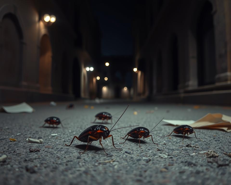 A dimly lit urban alley in the UAE, showcasing nocturnal pest behavior, with a focus on cockroaches scurrying across the ground. In the foreground, several cockroaches are prominently displayed, their shiny, dark bodies reflecting the muted light. The middle ground reveals scattered debris, such as discarded food and papers, which attract the pests. The background features shadowy outlines of traditional Arabic architecture, illuminated by soft, ambient streetlights casting long shadows. The scene is captured from a low angle, enhancing the creatures' prominence and creating a sense of depth. The atmosphere is slightly eerie yet intriguing, with a bluish tint to the lighting suggesting the night setting. Overall, the image should evoke curiosity about their behavior in the urban environment. A dimly lit urban alley in the UAE, showcasing nocturnal pest behavior, with a focus on cockroaches scurrying across the ground. In the foreground, several cockroaches are prominently displayed, their shiny, dark bodies reflecting the muted light. The middle ground reveals scattered debris, such as discarded food and papers, which attract the pests. The background features shadowy outlines of traditional Arabic architecture, illuminated by soft, ambient streetlights casting long shadows. The scene is captured from a low angle, enhancing the creatures' prominence and creating a sense of depth. The atmosphere is slightly eerie yet intriguing, with a bluish tint to the lighting suggesting the night setting. Overall, the image should evoke curiosity about their behavior in the urban environment.