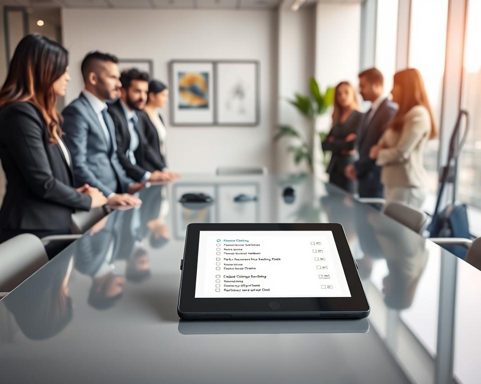 A modern office meeting room in Dubai, featuring a diverse group of professionals in smart business attire discussing options for deep cleaning services. In the foreground, a streamlined conference table with a tablet displaying a checklist of cleaning services. In the middle ground, a large window with city views, illuminating the space with natural light. Several cleaning equipment items, like a vacuum cleaner and mops, are neatly arranged nearby. The background shows a sleek, contemporary office design with plants and artwork, creating a fresh atmosphere. The overall mood reflects professionalism, collaboration, and a commitment to health and productivity, emphasizing the importance of a clean workspace. Soft lighting emphasizes clarity and focus, shot at a slight angle for depth. A modern office meeting room in Dubai, featuring a diverse group of professionals in smart business attire discussing options for deep cleaning services. In the foreground, a streamlined conference table with a tablet displaying a checklist of cleaning services. In the middle ground, a large window with city views, illuminating the space with natural light. Several cleaning equipment items, like a vacuum cleaner and mops, are neatly arranged nearby. The background shows a sleek, contemporary office design with plants and artwork, creating a fresh atmosphere. The overall mood reflects professionalism, collaboration, and a commitment to health and productivity, emphasizing the importance of a clean workspace. Soft lighting emphasizes clarity and focus, shot at a slight angle for depth.