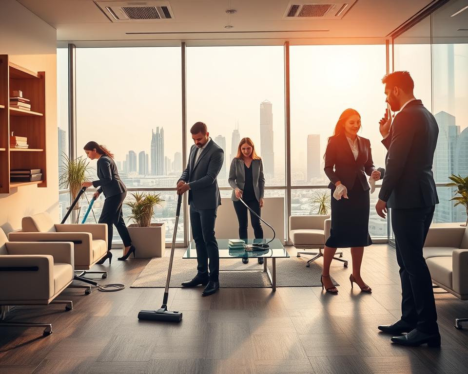 A modern office space in Dubai, emphasizing deep cleaning efforts to promote health and productivity. In the foreground, a diverse team of three professional people, dressed in business attire, are actively engaged in cleaning. One person is vacuuming, another is dusting shelves, and the third is wiping down surfaces with a cloth. In the middle ground, sleek modern furniture and a large window allowing natural light to flood in, highlighting the cleanliness of the environment. The background features a vibrant skyline view of Dubai, suggesting a bustling city outside. The atmosphere is bright and uplifting, showcasing a workspace that fosters well-being. Soft, warm lighting adds to the inviting feel, while the angle captures the action in a dynamic and engaging way. A modern office space in Dubai, emphasizing deep cleaning efforts to promote health and productivity. In the foreground, a diverse team of three professional people, dressed in business attire, are actively engaged in cleaning. One person is vacuuming, another is dusting shelves, and the third is wiping down surfaces with a cloth. In the middle ground, sleek modern furniture and a large window allowing natural light to flood in, highlighting the cleanliness of the environment. The background features a vibrant skyline view of Dubai, suggesting a bustling city outside. The atmosphere is bright and uplifting, showcasing a workspace that fosters well-being. Soft, warm lighting adds to the inviting feel, while the angle captures the action in a dynamic and engaging way.