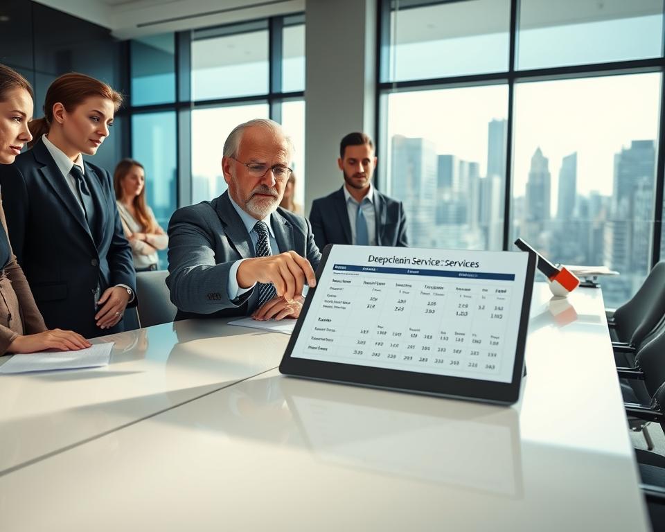 A professional and modern office setting, with a diverse group of businesspeople gathered around a sleek conference table, evaluating deep cleaning service proposals. In the foreground, a middle-aged man in a suit points to a detailed chart on a tablet, displaying cost breakdowns and value metrics. Beside him, a young woman in professional attire takes notes. In the background, a large window allows natural light to flood the room, illuminating a city skyline with skyscrapers, creating a sense of an urban environment. The atmosphere is focused, collaborative, and analytical, emphasizing the theme of affordability and value in deep cleaning services. Soft, diffused lighting enhances the professionalism of the scene, captured from a slightly elevated angle to incorporate both the group and the window view. A professional and modern office setting, with a diverse group of businesspeople gathered around a sleek conference table, evaluating deep cleaning service proposals. In the foreground, a middle-aged man in a suit points to a detailed chart on a tablet, displaying cost breakdowns and value metrics. Beside him, a young woman in professional attire takes notes. In the background, a large window allows natural light to flood the room, illuminating a city skyline with skyscrapers, creating a sense of an urban environment. The atmosphere is focused, collaborative, and analytical, emphasizing the theme of affordability and value in deep cleaning services. Soft, diffused lighting enhances the professionalism of the scene, captured from a slightly elevated angle to incorporate both the group and the window view.