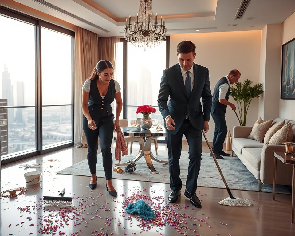 A professional cleaning team efficiently cleaning up after a party in a modern Dubai apartment. In the foreground, two diverse cleaners in smart uniforms, one woman and one man, are actively picking up discarded items and wiping surfaces with cloths, showcasing teamwork and attention to detail. In the middle ground, an elegantly decorated living area is visible, with remnants of a party: confetti on the floor, empty glasses on a table, and scattered decorations. The background features large windows with a view of the Dubai skyline, bathed in warm, soft daylight, creating an inviting and fresh atmosphere. The overall mood is one of calm efficiency and post-event revitalization, emphasizing the importance of deep cleaning services after celebrations. A professional cleaning team efficiently cleaning up after a party in a modern Dubai apartment. In the foreground, two diverse cleaners in smart uniforms, one woman and one man, are actively picking up discarded items and wiping surfaces with cloths, showcasing teamwork and attention to detail. In the middle ground, an elegantly decorated living area is visible, with remnants of a party: confetti on the floor, empty glasses on a table, and scattered decorations. The background features large windows with a view of the Dubai skyline, bathed in warm, soft daylight, creating an inviting and fresh atmosphere. The overall mood is one of calm efficiency and post-event revitalization, emphasizing the importance of deep cleaning services after celebrations.