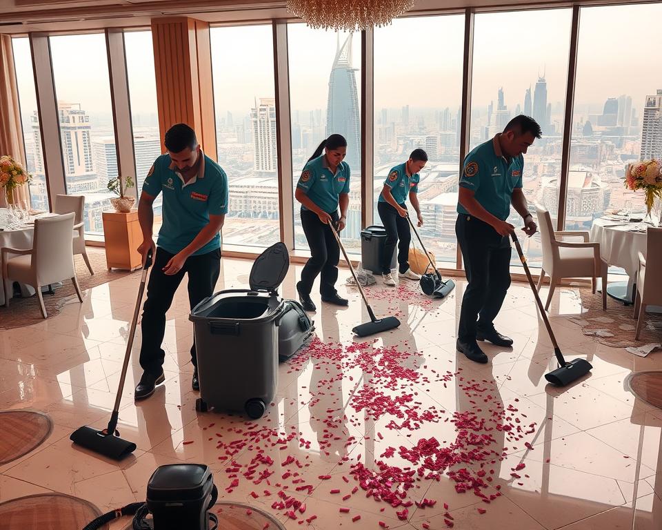 A professional cleanup team in Dubai meticulously cleaning a lavish event space after a gathering. In the foreground, a diverse crew of four individuals dressed in smart, branded uniforms, equipped with cleaning supplies like vacuums, mops, and trash bins, energetically working together. In the middle ground, scattered remnants of an upscale party, including elegant decorations, empty glassware, and confetti, with a slight disarray highlighting the cleanup process. The background features a stunning view of Dubai’s skyline through large windows, with warm, natural lighting pouring in, casting a welcoming glow on the scene. The overall atmosphere is one of productive energy, paired with a sense of relief and professionalism, underscoring the importance of post-event cleanliness. A professional cleanup team in Dubai meticulously cleaning a lavish event space after a gathering. In the foreground, a diverse crew of four individuals dressed in smart, branded uniforms, equipped with cleaning supplies like vacuums, mops, and trash bins, energetically working together. In the middle ground, scattered remnants of an upscale party, including elegant decorations, empty glassware, and confetti, with a slight disarray highlighting the cleanup process. The background features a stunning view of Dubai’s skyline through large windows, with warm, natural lighting pouring in, casting a welcoming glow on the scene. The overall atmosphere is one of productive energy, paired with a sense of relief and professionalism, underscoring the importance of post-event cleanliness.