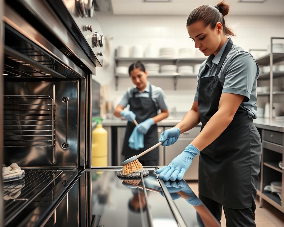 A professional kitchen deep cleaning scene, featuring a pair of diligent technicians in smart, modest uniforms, thoroughly cleaning a commercial kitchen appliance. In the foreground, showcase a gleaming stainless steel oven, with a technician using a specialized brush and eco-friendly cleaning solution, highlighting the attention to detail. In the middle ground, there are well-organized cleaning tools such as spray bottles and microfiber cloths, adding an element of professional order. The background reveals spotless countertops and shelves stacked with sanitized kitchenware. Soft, warm lighting emphasizes the cleanliness and professionalism of the environment, while a slight wide-angle perspective reflects the spaciousness of the kitchen, creating an atmosphere of efficiency and thoroughness. A professional kitchen deep cleaning scene, featuring a pair of diligent technicians in smart, modest uniforms, thoroughly cleaning a commercial kitchen appliance. In the foreground, showcase a gleaming stainless steel oven, with a technician using a specialized brush and eco-friendly cleaning solution, highlighting the attention to detail. In the middle ground, there are well-organized cleaning tools such as spray bottles and microfiber cloths, adding an element of professional order. The background reveals spotless countertops and shelves stacked with sanitized kitchenware. Soft, warm lighting emphasizes the cleanliness and professionalism of the environment, while a slight wide-angle perspective reflects the spaciousness of the kitchen, creating an atmosphere of efficiency and thoroughness.