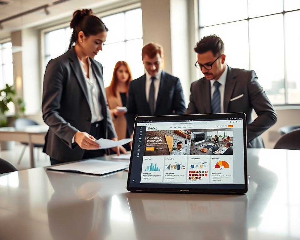 A professional setting showcasing a diverse group of individuals in business attire, engaging in discussions about cleaning companies. In the foreground, a woman with dark hair and a man with light brown hair are reviewing documents on a sleek modern table. In the middle ground, a laptop displays a website featuring cleaning services, with charts and customer reviews visible on the screen. The background features a contemporary office space with large windows that allow natural light to flood in, creating a bright, inviting atmosphere. The overall mood is focused and collaborative, emphasizing the importance of research and professionalism in vetting cleaning companies in the UAE. Soft shadows and a warm color palette enhance the welcoming feel of the image. A professional setting showcasing a diverse group of individuals in business attire, engaging in discussions about cleaning companies. In the foreground, a woman with dark hair and a man with light brown hair are reviewing documents on a sleek modern table. In the middle ground, a laptop displays a website featuring cleaning services, with charts and customer reviews visible on the screen. The background features a contemporary office space with large windows that allow natural light to flood in, creating a bright, inviting atmosphere. The overall mood is focused and collaborative, emphasizing the importance of research and professionalism in vetting cleaning companies in the UAE. Soft shadows and a warm color palette enhance the welcoming feel of the image.