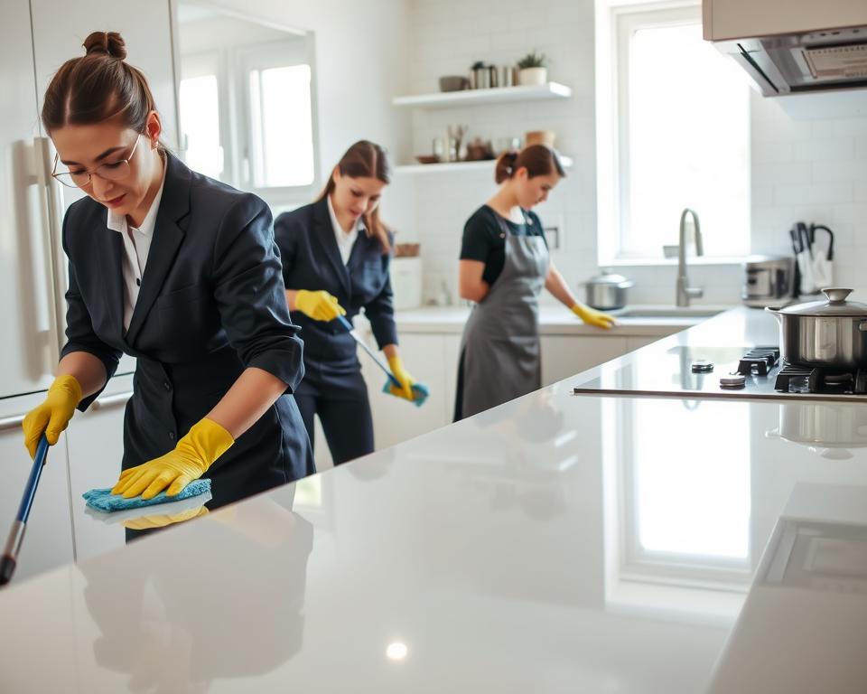 A professional team of cleaners diligently engaged in deep cleaning tasks within a sparkling kitchen. In the foreground, two individuals in smart uniforms are scrubbing countertops and sanitizing appliances, showing concentrated expressions. In the middle ground, a third cleaner is organizing kitchen utensils and deep-cleaning a stovetop, highlighting the importance of hygiene. The background features a well-lit, modern kitchen, with gleaming surfaces, neatly arranged pots and pans, and a window allowing natural light to flood the space. The atmosphere is bright and sanitized, emphasizing professionalism and attention to detail. The scene should convey a sense of order and cleanliness, ideal for illustrating kitchen deep cleaning services. A professional team of cleaners diligently engaged in deep cleaning tasks within a sparkling kitchen. In the foreground, two individuals in smart uniforms are scrubbing countertops and sanitizing appliances, showing concentrated expressions. In the middle ground, a third cleaner is organizing kitchen utensils and deep-cleaning a stovetop, highlighting the importance of hygiene. The background features a well-lit, modern kitchen, with gleaming surfaces, neatly arranged pots and pans, and a window allowing natural light to flood the space. The atmosphere is bright and sanitized, emphasizing professionalism and attention to detail. The scene should convey a sense of order and cleanliness, ideal for illustrating kitchen deep cleaning services.