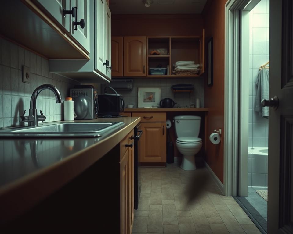 A realistic depiction of a kitchen and bathroom showcasing common hiding spots for cockroaches during the day. In the foreground, highlight dark crevices beneath a kitchen sink, edges of cabinets, and gaps around plumbing pipes, emphasizing their shadowy nature. In the middle ground, display cluttered countertops with unseen areas like behind appliances and inside cabinets, while in the background, a slightly dimly lit bathroom reveals gaps behind the toilet and under the bathtub. The lighting should be soft and moody, creating a sense of unease, with a shallow depth of field to focus on the hiding spots. The atmosphere should evoke curiosity and caution, enhancing the viewer's awareness of these often-overlooked locations. A realistic depiction of a kitchen and bathroom showcasing common hiding spots for cockroaches during the day. In the foreground, highlight dark crevices beneath a kitchen sink, edges of cabinets, and gaps around plumbing pipes, emphasizing their shadowy nature. In the middle ground, display cluttered countertops with unseen areas like behind appliances and inside cabinets, while in the background, a slightly dimly lit bathroom reveals gaps behind the toilet and under the bathtub. The lighting should be soft and moody, creating a sense of unease, with a shallow depth of field to focus on the hiding spots. The atmosphere should evoke curiosity and caution, enhancing the viewer's awareness of these often-overlooked locations.