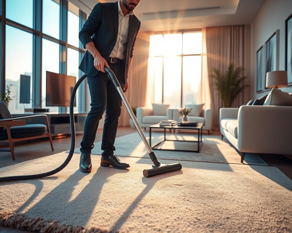 A spacious modern living room in a Dubai home, emphasizing the challenge of dust and sand buildup. In the foreground, a focused view of a professional cleaner in smart casual attire, using a vacuum cleaner to tackle a dusty area rug. In the middle ground, light rays filter through large windows, highlighting floating dust particles in the air. The background reveals a contemporary furniture layout with elegant decor, slightly covered in fine sand. The overall lighting is warm and inviting, with a soft glow reflecting the afternoon sun. The mood conveys diligence and the struggle for cleanliness in a desert environment, capturing the essence of the deep cleaning dilemma faced by residents in Dubai. A spacious modern living room in a Dubai home, emphasizing the challenge of dust and sand buildup. In the foreground, a focused view of a professional cleaner in smart casual attire, using a vacuum cleaner to tackle a dusty area rug. In the middle ground, light rays filter through large windows, highlighting floating dust particles in the air. The background reveals a contemporary furniture layout with elegant decor, slightly covered in fine sand. The overall lighting is warm and inviting, with a soft glow reflecting the afternoon sun. The mood conveys diligence and the struggle for cleanliness in a desert environment, capturing the essence of the deep cleaning dilemma faced by residents in Dubai.