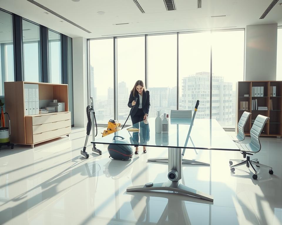 A spacious, modern office interior during a professional deep cleaning process. The foreground features a female cleaner in smart business attire, thoughtfully scrubbing a glass conference table with cleaning supplies carefully arranged beside her. In the middle ground, a vacuum cleaner stands next to an open cabinet revealing organized office supplies. The background displays large windows with natural light flooding in, illuminating the gleaming floors and polished surfaces. Dust motes dance in the rays of sunlight, enhancing the clean atmosphere. The color palette is bright, with soft whites and muted blues, evoking a sense of freshness and efficiency. The mood is focused and productive, showcasing the thoroughness and care of a professional office deep cleaning service. A spacious, modern office interior during a professional deep cleaning process. The foreground features a female cleaner in smart business attire, thoughtfully scrubbing a glass conference table with cleaning supplies carefully arranged beside her. In the middle ground, a vacuum cleaner stands next to an open cabinet revealing organized office supplies. The background displays large windows with natural light flooding in, illuminating the gleaming floors and polished surfaces. Dust motes dance in the rays of sunlight, enhancing the clean atmosphere. The color palette is bright, with soft whites and muted blues, evoking a sense of freshness and efficiency. The mood is focused and productive, showcasing the thoroughness and care of a professional office deep cleaning service.