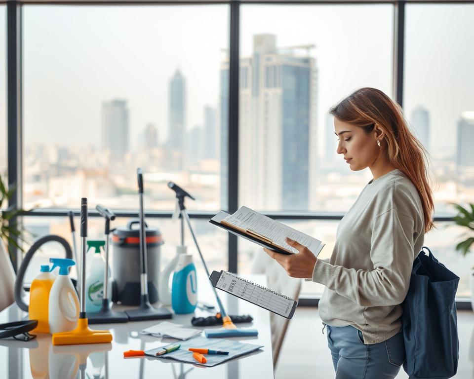 A thoughtful scene depicting the cost considerations of a deep cleaning service, with a clean, modern workspace setting in Dubai. In the foreground, a professional cleaner in modest casual clothing examines a clipboard with cleaning supplies around, symbolizing the costs involved. The middle ground shows various cleaning tools like vacuum cleaners, mops, and detergents arranged neatly on a table, suggesting organization. In the background, a large window offers a view of Dubai's skyline, with soft, natural light filtering in, creating a warm, inviting atmosphere. The image should evoke a sense of professionalism and contemplation, highlighting the importance of weighing both the benefits and potential drawbacks of luxury services. A thoughtful scene depicting the cost considerations of a deep cleaning service, with a clean, modern workspace setting in Dubai. In the foreground, a professional cleaner in modest casual clothing examines a clipboard with cleaning supplies around, symbolizing the costs involved. The middle ground shows various cleaning tools like vacuum cleaners, mops, and detergents arranged neatly on a table, suggesting organization. In the background, a large window offers a view of Dubai's skyline, with soft, natural light filtering in, creating a warm, inviting atmosphere. The image should evoke a sense of professionalism and contemplation, highlighting the importance of weighing both the benefits and potential drawbacks of luxury services.