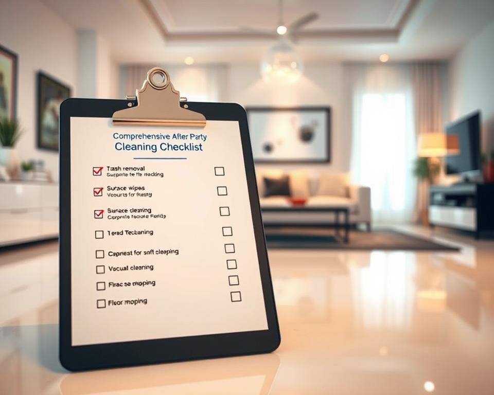 A visually appealing composition of a comprehensive after-party cleaning checklist displayed on a modern clipboard, placed prominently in the foreground. The checklist features clearly delineated sections for various cleaning tasks, such as trash removal, surface wipes, vacuuming, and floor mopping. In the middle ground, a serene and organized room is depicted, with sparkling clean surfaces and neatly arranged furniture, showcasing the results of deep cleaning. In the background, soft, warm lighting illuminates the space, enhancing the inviting atmosphere. The angle should be slightly elevated, capturing the entire scene while maintaining focus on the checklist. The mood is serene and professional, evoking a sense of relaxation and orderliness after a festive event. A visually appealing composition of a comprehensive after-party cleaning checklist displayed on a modern clipboard, placed prominently in the foreground. The checklist features clearly delineated sections for various cleaning tasks, such as trash removal, surface wipes, vacuuming, and floor mopping. In the middle ground, a serene and organized room is depicted, with sparkling clean surfaces and neatly arranged furniture, showcasing the results of deep cleaning. In the background, soft, warm lighting illuminates the space, enhancing the inviting atmosphere. The angle should be slightly elevated, capturing the entire scene while maintaining focus on the checklist. The mood is serene and professional, evoking a sense of relaxation and orderliness after a festive event.