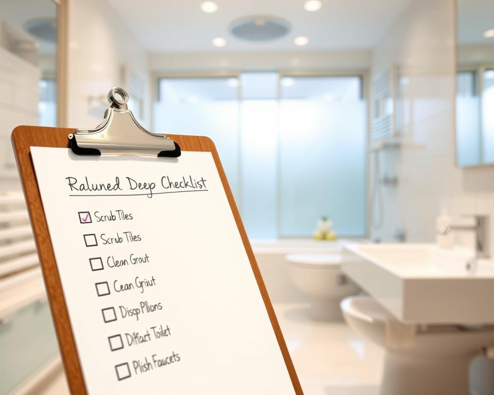 A visually appealing image depicting a detailed bathroom deep cleaning service checklist. In the foreground, a clipboard featuring an organized checklist with neatly handwritten items like "Scrub Tiles," "Clean Grout," "Disinfect Toilet," and "Polish Faucets" is prominently displayed. The middle of the image showcases bright, shining bathroom fixtures and sparkling tiles, symbolizing cleanliness. In the background, a well-lit modern bathroom with a fresh, inviting atmosphere, featuring soft natural light filtering through frosted glass. The scene conveys professionalism and attention to detail, perfect for a deep cleaning service. The overall mood should feel clean, refreshing, and meticulous, emphasizing quality and thoroughness in the cleaning process. A visually appealing image depicting a detailed bathroom deep cleaning service checklist. In the foreground, a clipboard featuring an organized checklist with neatly handwritten items like "Scrub Tiles," "Clean Grout," "Disinfect Toilet," and "Polish Faucets" is prominently displayed. The middle of the image showcases bright, shining bathroom fixtures and sparkling tiles, symbolizing cleanliness. In the background, a well-lit modern bathroom with a fresh, inviting atmosphere, featuring soft natural light filtering through frosted glass. The scene conveys professionalism and attention to detail, perfect for a deep cleaning service. The overall mood should feel clean, refreshing, and meticulous, emphasizing quality and thoroughness in the cleaning process.