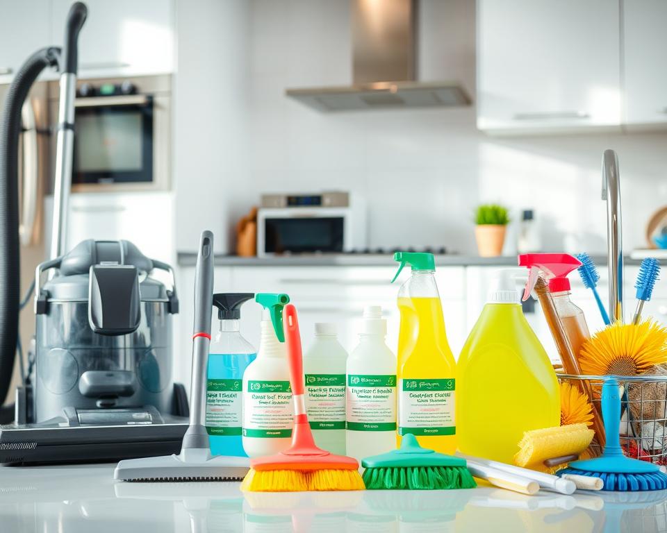 A well-equipped professional deep cleaning service setup, showcasing high-quality cleaning equipment tailored for kitchen environments. In the foreground, feature a variety of specialized tools: a powerful vacuum cleaner, steam cleaner, and various scrubbing brushes, all arranged neatly. The middle ground should include clean and organized containers of biodegradable cleaning solutions, with a shiny stainless steel sink reflecting the surroundings. In the background, a clean kitchen space with modern appliances, emphasizing cleanliness and order. The lighting is bright and natural, creating a cheerful and inviting atmosphere. Use a wide-angle lens to capture the entire scene, ensuring it looks professional and perfect for a high-standard cleaning service in Sharjah. A well-equipped professional deep cleaning service setup, showcasing high-quality cleaning equipment tailored for kitchen environments. In the foreground, feature a variety of specialized tools: a powerful vacuum cleaner, steam cleaner, and various scrubbing brushes, all arranged neatly. The middle ground should include clean and organized containers of biodegradable cleaning solutions, with a shiny stainless steel sink reflecting the surroundings. In the background, a clean kitchen space with modern appliances, emphasizing cleanliness and order. The lighting is bright and natural, creating a cheerful and inviting atmosphere. Use a wide-angle lens to capture the entire scene, ensuring it looks professional and perfect for a high-standard cleaning service in Sharjah.