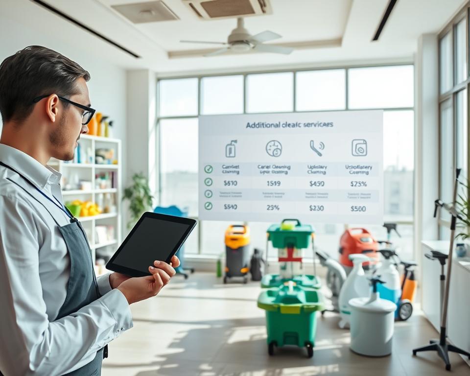 A bright and clean interior of a professional cleaning service office in Dubai, showcasing various cleaning supplies and equipment neatly arranged in a well-organized space. In the foreground, a staff member, dressed in professional attire, is using a tablet to review a list of additional deep cleaning services such as carpet cleaning, upholstery cleaning, and specialized disinfection. In the middle, a large infographic-style chart displays different service icons, emphasizing additional costs associated with each service, like a spray bottle for disinfection or a vacuum for carpet cleaning. The background features large windows allowing natural sunlight to illuminate the space, creating an inviting, efficient, and modern atmosphere, with soft shadows enhancing depth. The overall mood conveys professionalism and clarity in service offerings. A bright and clean interior of a professional cleaning service office in Dubai, showcasing various cleaning supplies and equipment neatly arranged in a well-organized space. In the foreground, a staff member, dressed in professional attire, is using a tablet to review a list of additional deep cleaning services such as carpet cleaning, upholstery cleaning, and specialized disinfection. In the middle, a large infographic-style chart displays different service icons, emphasizing additional costs associated with each service, like a spray bottle for disinfection or a vacuum for carpet cleaning. The background features large windows allowing natural sunlight to illuminate the space, creating an inviting, efficient, and modern atmosphere, with soft shadows enhancing depth. The overall mood conveys professionalism and clarity in service offerings.