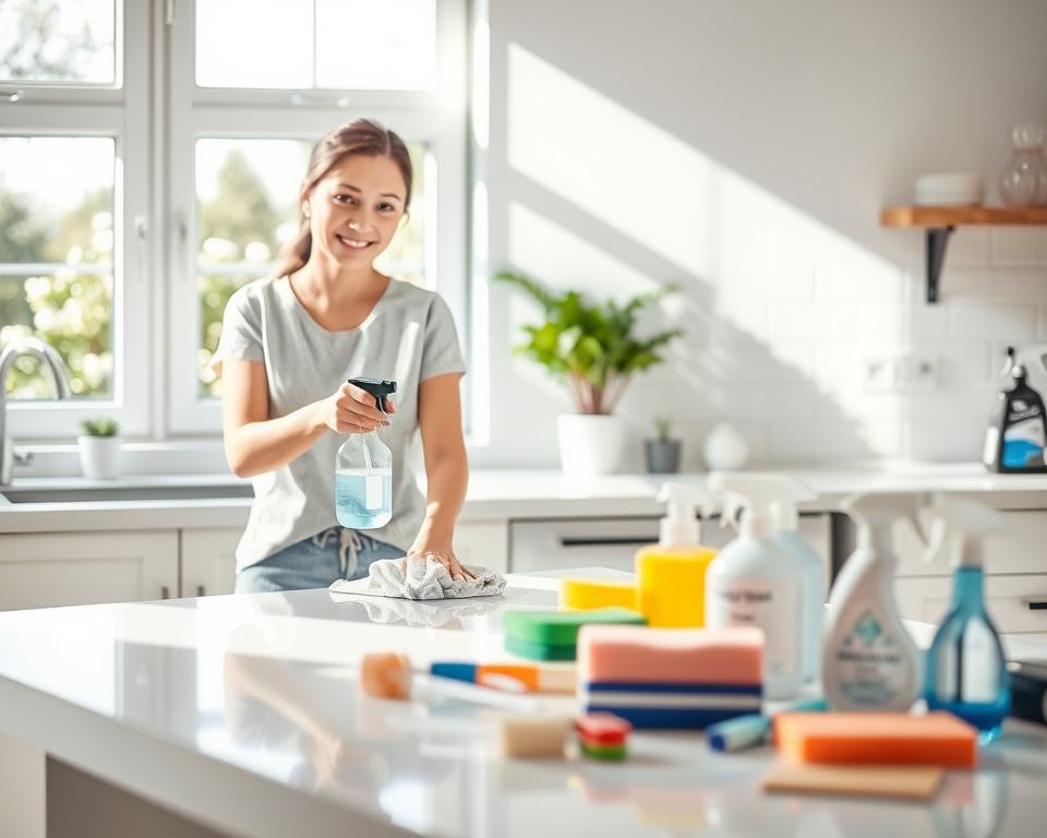 A bright, well-organized cleaning workspace showcasing deep cleaning tasks. In the foreground, a smiling professional cleaner in modest casual attire methodically sanitizes a kitchen countertop with a spray bottle and cloth, emphasizing their dedication to thoroughness. In the middle, various cleaning tools and products, including disinfectants, sponges, and brushes, are neatly arranged on a table, suggesting a comprehensive cleaning strategy. In the background, a sunlit window provides natural light that enhances the cleanliness of the environment, casting soft shadows. The mood is fresh and invigorating, promoting a sense of health and hygiene, reflecting the essence of thorough sanitization in deep cleaning processes. The angle captures a slightly elevated view, highlighting the tidiness and professionalism of the task at hand. A bright, well-organized cleaning workspace showcasing deep cleaning tasks. In the foreground, a smiling professional cleaner in modest casual attire methodically sanitizes a kitchen countertop with a spray bottle and cloth, emphasizing their dedication to thoroughness. In the middle, various cleaning tools and products, including disinfectants, sponges, and brushes, are neatly arranged on a table, suggesting a comprehensive cleaning strategy. In the background, a sunlit window provides natural light that enhances the cleanliness of the environment, casting soft shadows. The mood is fresh and invigorating, promoting a sense of health and hygiene, reflecting the essence of thorough sanitization in deep cleaning processes. The angle captures a slightly elevated view, highlighting the tidiness and professionalism of the task at hand.
