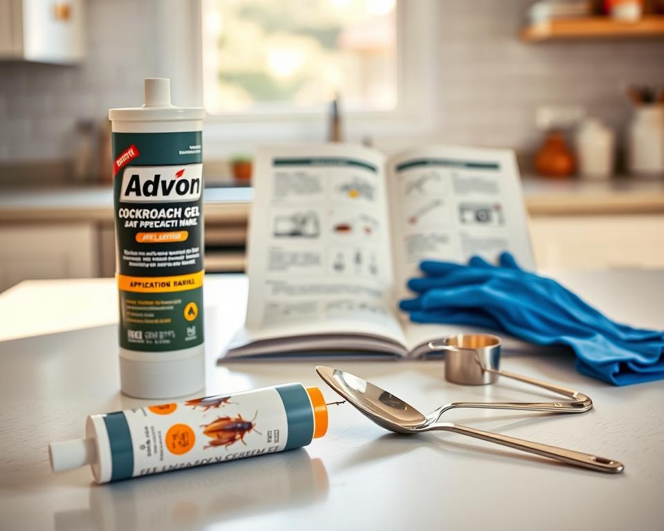A clean, well-organized workspace featuring a set of cockroach gel application tools. In the foreground, showcase a tube of Advion Cockroach Gel, with its nozzle pointed towards a small, precise applicator tool. Include a spatula, a pair of gloves, and a measuring spoon, all arranged neatly. In the middle ground, display a sanitized surface with an open instruction manual illustrating the application process. The background should be softly blurred, hinting at a well-lit kitchen or utility area with light streaming in from a window, creating a bright and inviting atmosphere. Emphasize attention to detail, showcasing the tools in a professional and instructional manner without any clutter. Use natural, warm lighting to enhance the scene. A clean, well-organized workspace featuring a set of cockroach gel application tools. In the foreground, showcase a tube of Advion Cockroach Gel, with its nozzle pointed towards a small, precise applicator tool. Include a spatula, a pair of gloves, and a measuring spoon, all arranged neatly. In the middle ground, display a sanitized surface with an open instruction manual illustrating the application process. The background should be softly blurred, hinting at a well-lit kitchen or utility area with light streaming in from a window, creating a bright and inviting atmosphere. Emphasize attention to detail, showcasing the tools in a professional and instructional manner without any clutter. Use natural, warm lighting to enhance the scene.