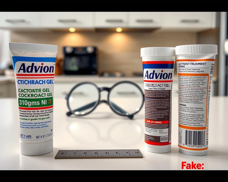 A close-up, detailed image showcasing a comparison between authentic and counterfeit Advion cockroach gel tubes. In the foreground, two tubes are placed side by side on a clean, white surface, highlighting their differences; the authentic tube should have clear branding, precise text, and a glossy finish, while the fake tube appears faded and poorly printed. In the middle ground, a set of magnifying glasses and a ruler are positioned to imply inspection. The background features a softly blurred kitchen setting with a subtle hint of cockroach traps, creating an informative atmosphere. The lighting is bright and even, emphasizing the details of the tubes, with focus sharpness on the labels. The mood is educational and professional, inviting viewers to learn about identifying genuine products. A close-up, detailed image showcasing a comparison between authentic and counterfeit Advion cockroach gel tubes. In the foreground, two tubes are placed side by side on a clean, white surface, highlighting their differences; the authentic tube should have clear branding, precise text, and a glossy finish, while the fake tube appears faded and poorly printed. In the middle ground, a set of magnifying glasses and a ruler are positioned to imply inspection. The background features a softly blurred kitchen setting with a subtle hint of cockroach traps, creating an informative atmosphere. The lighting is bright and even, emphasizing the details of the tubes, with focus sharpness on the labels. The mood is educational and professional, inviting viewers to learn about identifying genuine products.
