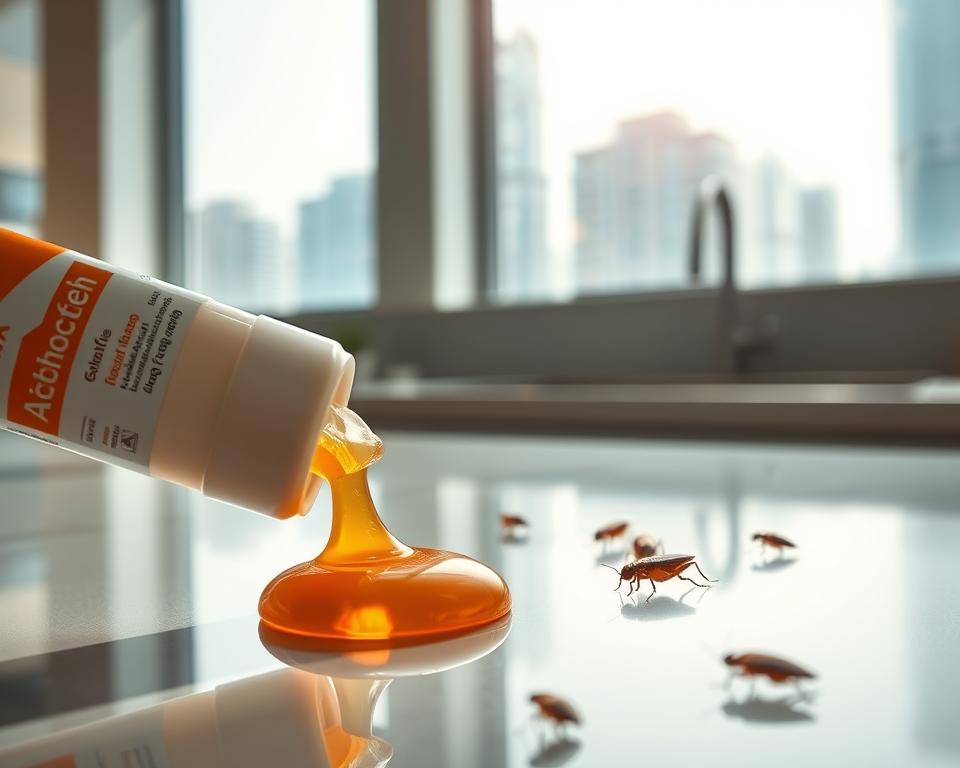 A close-up view of a glistening gel bait tube for pest control, prominently featuring Advion Cockroach Gel, placed on a sleek, modern kitchen countertop. In the foreground, the shiny gel is delicately squeezed out in a controlled manner, showcasing its texture and color. In the middle ground, a few cockroaches curiously approach the gel bait, highlighting its effectiveness, while the clean, well-lit kitchen setting suggests a pest-free environment. The background includes subtle hints of urban Dubai architecture through a window, with light streaming in to create an inviting atmosphere. The image captures a sense of innovation and advanced technology in pest control, with a bright and positive mood. Use natural daylight to enhance the colors and details, emphasizing clarity and sharpness throughout. A close-up view of a glistening gel bait tube for pest control, prominently featuring Advion Cockroach Gel, placed on a sleek, modern kitchen countertop. In the foreground, the shiny gel is delicately squeezed out in a controlled manner, showcasing its texture and color. In the middle ground, a few cockroaches curiously approach the gel bait, highlighting its effectiveness, while the clean, well-lit kitchen setting suggests a pest-free environment. The background includes subtle hints of urban Dubai architecture through a window, with light streaming in to create an inviting atmosphere. The image captures a sense of innovation and advanced technology in pest control, with a bright and positive mood. Use natural daylight to enhance the colors and details, emphasizing clarity and sharpness throughout.