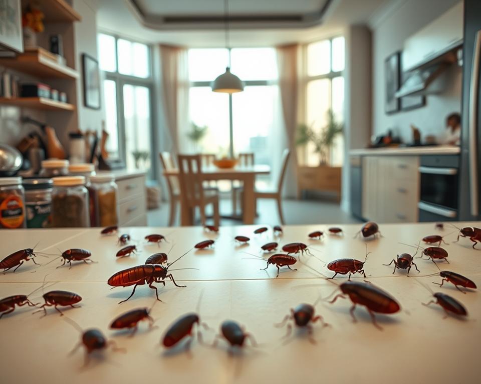 A close-up view of a modern Dubai home interior, showcasing a severe cockroach infestation. In the foreground, several cockroaches scurry across a clean, white countertop filled with spice jars and kitchen utensils. The middle ground reveals a cluttered but cozy kitchen space, with a light wood dining table and mismatched chairs, where more cockroaches can be seen hiding in cracks between the tiles. In the background, large windows allow warm, natural light to flood in, illuminating the unsettling scene. The atmosphere is tense and alarming, reflecting a hidden crisis. The image should maintain a photographic quality, utilizing soft focus on the background while keeping the cockroaches sharply detailed, emphasizing their presence as a pest control challenge. A close-up view of a modern Dubai home interior, showcasing a severe cockroach infestation. In the foreground, several cockroaches scurry across a clean, white countertop filled with spice jars and kitchen utensils. The middle ground reveals a cluttered but cozy kitchen space, with a light wood dining table and mismatched chairs, where more cockroaches can be seen hiding in cracks between the tiles. In the background, large windows allow warm, natural light to flood in, illuminating the unsettling scene. The atmosphere is tense and alarming, reflecting a hidden crisis. The image should maintain a photographic quality, utilizing soft focus on the background while keeping the cockroaches sharply detailed, emphasizing their presence as a pest control challenge.