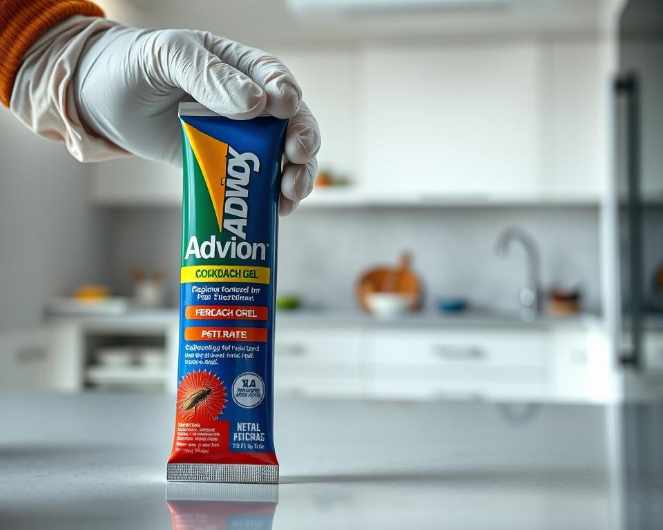 A close-up view of a tube of Advion Cockroach Gel prominently displayed in the foreground, showcasing its sleek, modern packaging with vibrant colors reflecting pest control effectiveness. The gel is being applied by a gloved hand in a clean, professional setting to emphasize its user-friendly design and safety features. In the middle ground, a clean kitchen environment hints at its practical use against pests. Soft, natural lighting illuminates the scene, creating a bright and hygienic atmosphere. The background is slightly blurred to keep the focus on the gel’s details and the application process. The mood conveys confidence and reliability, celebrating Advion as the preferred choice for pest control solutions. High-resolution with a slight depth of field effect. A close-up view of a tube of Advion Cockroach Gel prominently displayed in the foreground, showcasing its sleek, modern packaging with vibrant colors reflecting pest control effectiveness. The gel is being applied by a gloved hand in a clean, professional setting to emphasize its user-friendly design and safety features. In the middle ground, a clean kitchen environment hints at its practical use against pests. Soft, natural lighting illuminates the scene, creating a bright and hygienic atmosphere. The background is slightly blurred to keep the focus on the gel’s details and the application process. The mood conveys confidence and reliability, celebrating Advion as the preferred choice for pest control solutions. High-resolution with a slight depth of field effect.