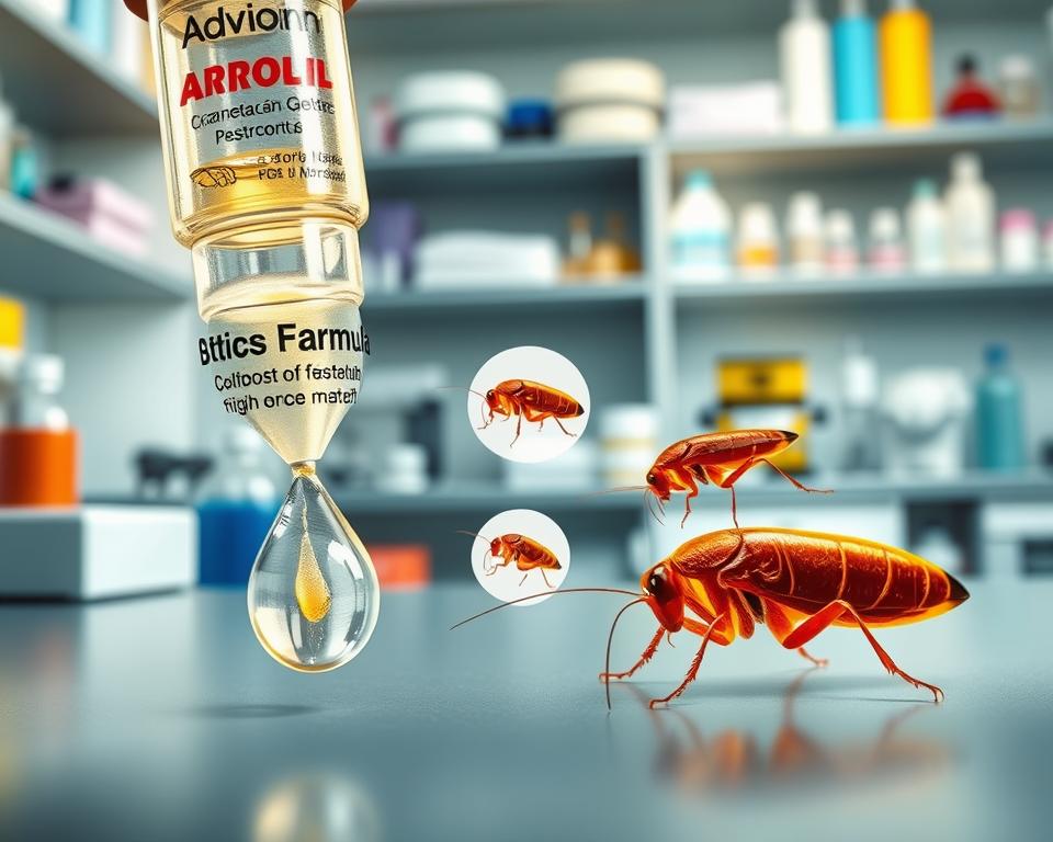 A detailed, close-up view of a scientific illustration showcasing the formula of Advion Cockroach Gel, emphasizing its active ingredients and their interaction. In the foreground, focus on a translucent tube of the gel with a drop of the formula glistening under bright, natural lighting. The middle layer should feature detailed graphics of cockroaches interacting with the gel—one nibbling on it, showcasing its attractants. The background should be a blurred laboratory setting, with shelves filled with scientific equipment and pest control materials, capturing a professional vibe. Use a shallow depth of field to emphasize the gel and insects while maintaining a sterile, well-lit atmosphere that conveys trust and efficacy. A detailed, close-up view of a scientific illustration showcasing the formula of Advion Cockroach Gel, emphasizing its active ingredients and their interaction. In the foreground, focus on a translucent tube of the gel with a drop of the formula glistening under bright, natural lighting. The middle layer should feature detailed graphics of cockroaches interacting with the gel—one nibbling on it, showcasing its attractants. The background should be a blurred laboratory setting, with shelves filled with scientific equipment and pest control materials, capturing a professional vibe. Use a shallow depth of field to emphasize the gel and insects while maintaining a sterile, well-lit atmosphere that conveys trust and efficacy.
