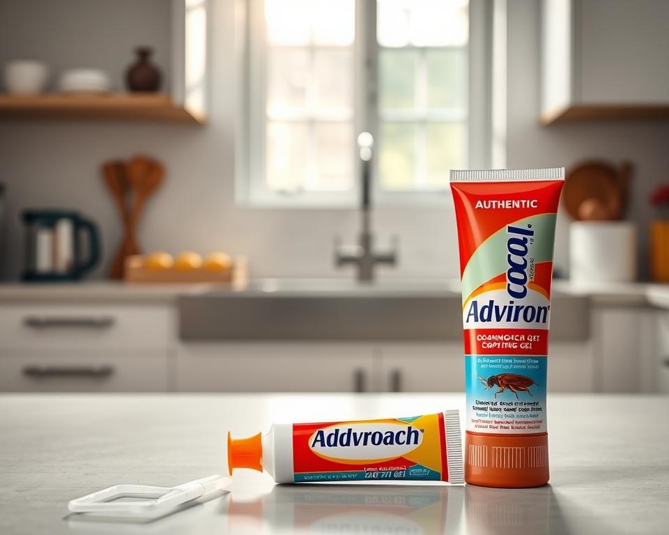 A detailed composition showcasing a tube of authentic Advion Cockroach Gel prominently in the foreground, with its distinctive packaging clearly visible, featuring a glossy finish and vibrant colors. Beside it, a small syringe tool for application, emphasizing its user-friendly design. In the middle ground, a clean and well-organized kitchen countertop setting with no signs of pest activity, exuding a sense of cleanliness and safety. In the background, light filtering through a window, casting soft natural shadows, enhancing the mood of trust and reliability. The lighting is bright and evenly distributed, highlighting the gel's features. The overall atmosphere conveys a professional and reassuring tone, suitable for conveying the key benefits of genuine Advion Cockroach Gel. A detailed composition showcasing a tube of authentic Advion Cockroach Gel prominently in the foreground, with its distinctive packaging clearly visible, featuring a glossy finish and vibrant colors. Beside it, a small syringe tool for application, emphasizing its user-friendly design. In the middle ground, a clean and well-organized kitchen countertop setting with no signs of pest activity, exuding a sense of cleanliness and safety. In the background, light filtering through a window, casting soft natural shadows, enhancing the mood of trust and reliability. The lighting is bright and evenly distributed, highlighting the gel's features. The overall atmosphere conveys a professional and reassuring tone, suitable for conveying the key benefits of genuine Advion Cockroach Gel.