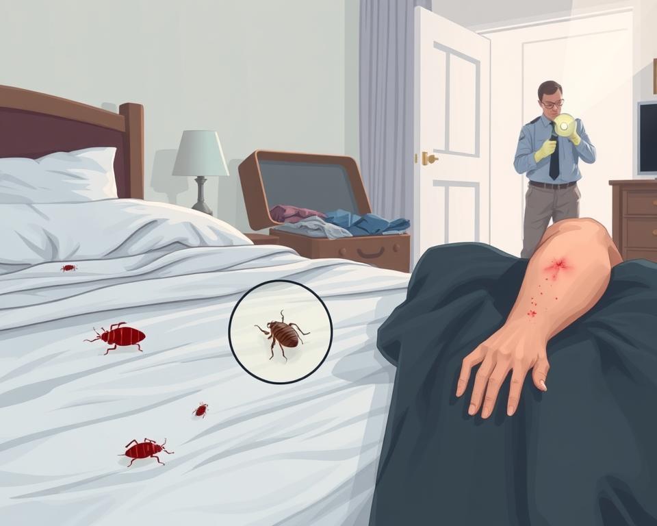 A detailed illustration showing the key signs that professional bed bug control is needed. In the foreground, a close-up view of an unmade bed revealing small red stains on the sheets and dark fecal specks near the seams, alongside a magnifying glass highlighting a bed bug on the bedding. In the middle, an open suitcase with clothing spilling out, showing signs of bug bites on a person's arm in modest casual clothing. In the background, a softly lit room conveying a sense of urgency, with a professional pest control technician inspecting the space, wearing a uniform and using a flashlight. The mood should evoke concern and the need for action against the hidden menace of bed bugs, with naturalistic lighting enhancing the details. A detailed illustration showing the key signs that professional bed bug control is needed. In the foreground, a close-up view of an unmade bed revealing small red stains on the sheets and dark fecal specks near the seams, alongside a magnifying glass highlighting a bed bug on the bedding. In the middle, an open suitcase with clothing spilling out, showing signs of bug bites on a person's arm in modest casual clothing. In the background, a softly lit room conveying a sense of urgency, with a professional pest control technician inspecting the space, wearing a uniform and using a flashlight. The mood should evoke concern and the need for action against the hidden menace of bed bugs, with naturalistic lighting enhancing the details.