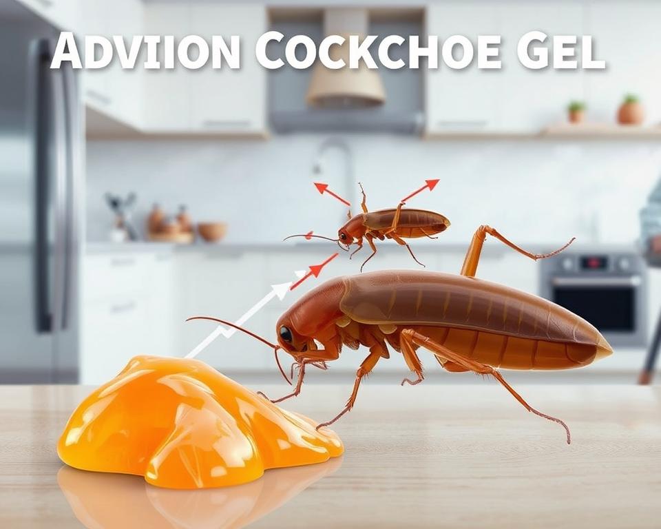 A detailed scientific illustration showcasing the mechanism of Advion Cockroach Gel in action. In the foreground, a close-up view of the gel bait attracting cockroaches, emphasizing its viscous texture and vibrant color. The middle layer features a diagrammatic cutaway of a cockroach, highlighting the gel's action, with arrows indicating how it affects the insect's anatomy. The background displays a clean, modern kitchen setting, illustrating a common environment where cockroaches are found. Soft, natural lighting enhances the clarity of the elements, while a shallow depth of field focuses on the foreground details. The mood is informative and professional, aiming to educate the viewer on the science of pest control. A detailed scientific illustration showcasing the mechanism of Advion Cockroach Gel in action. In the foreground, a close-up view of the gel bait attracting cockroaches, emphasizing its viscous texture and vibrant color. The middle layer features a diagrammatic cutaway of a cockroach, highlighting the gel's action, with arrows indicating how it affects the insect's anatomy. The background displays a clean, modern kitchen setting, illustrating a common environment where cockroaches are found. Soft, natural lighting enhances the clarity of the elements, while a shallow depth of field focuses on the foreground details. The mood is informative and professional, aiming to educate the viewer on the science of pest control.