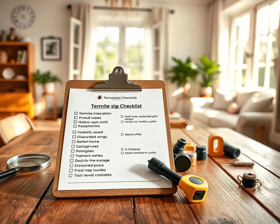 A detailed visual representation of a "Termite Infestation Checklist" prominently displayed on a rustic wooden table in a bright, well-lit room. In the foreground, a clipboard with a neatly organized checklist, featuring bullet points on signs of termite infestation such as mud tubes, hollowed wood, and discarded wings. Surrounding the clipboard, scattered tools like a magnifying glass, a tape measure, and a small flashlight. The middle ground showcases an open window inviting natural sunlight, casting soft shadows across the scene. In the background, a cozy, clean home interior suggests tranquility. The overall atmosphere is informative yet reassuring, emphasizing preparedness and awareness without any distractions or text overlays. The lighting is warm and inviting, enhancing the focus on the checklist. A detailed visual representation of a "Termite Infestation Checklist" prominently displayed on a rustic wooden table in a bright, well-lit room. In the foreground, a clipboard with a neatly organized checklist, featuring bullet points on signs of termite infestation such as mud tubes, hollowed wood, and discarded wings. Surrounding the clipboard, scattered tools like a magnifying glass, a tape measure, and a small flashlight. The middle ground showcases an open window inviting natural sunlight, casting soft shadows across the scene. In the background, a cozy, clean home interior suggests tranquility. The overall atmosphere is informative yet reassuring, emphasizing preparedness and awareness without any distractions or text overlays. The lighting is warm and inviting, enhancing the focus on the checklist.