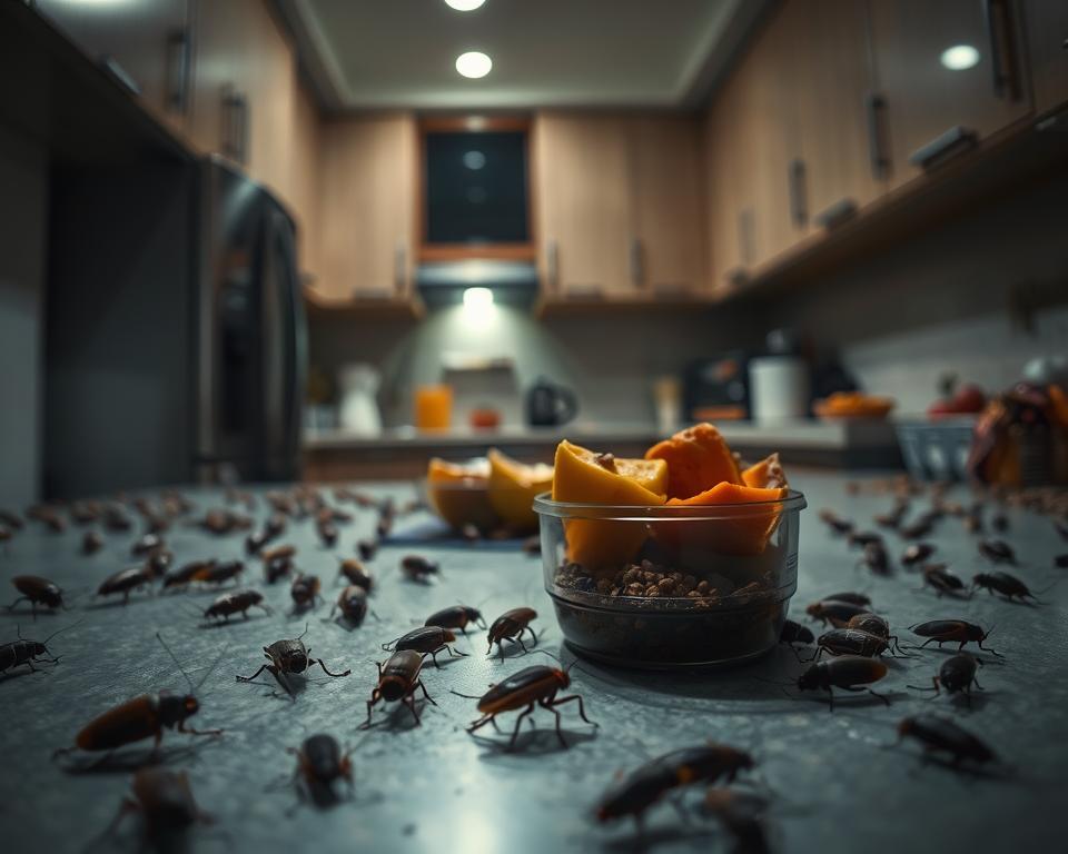 A dimly lit kitchen in a UAE home, filled with an unsettling concentration of cockroaches scattered across countertops, escaping from crevices, and creeping around food items. In the foreground, a close-up reveals a few cockroaches near an open container of food, highlighting the infestation. The mid-ground shows shadowy corners with more cockroaches lurking, while the background features a blurred view of a modern kitchen designed with typical UAE decor, emphasizing the domestic setting. The lighting is stark, casting eerie shadows that enhance the feeling of discomfort. The atmosphere is tense and unsettling, reflecting the urgency of addressing a pest problem in homes and businesses. A dimly lit kitchen in a UAE home, filled with an unsettling concentration of cockroaches scattered across countertops, escaping from crevices, and creeping around food items. In the foreground, a close-up reveals a few cockroaches near an open container of food, highlighting the infestation. The mid-ground shows shadowy corners with more cockroaches lurking, while the background features a blurred view of a modern kitchen designed with typical UAE decor, emphasizing the domestic setting. The lighting is stark, casting eerie shadows that enhance the feeling of discomfort. The atmosphere is tense and unsettling, reflecting the urgency of addressing a pest problem in homes and businesses.