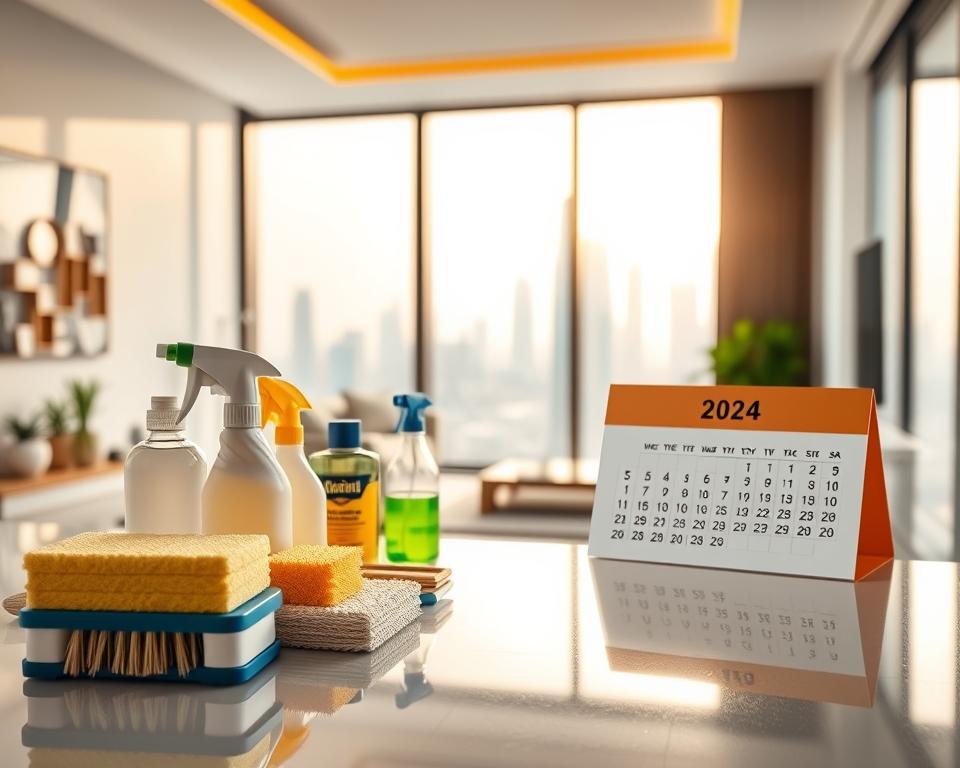 A professional and informative setting depicting a deep cleaning cost guide in Dubai for 2024. In the foreground, display a polished surface with cleaning tools like sponges, brushes, and eco-friendly cleaning products neatly arranged. In the middle ground, include a stylish, modern Dubai apartment interior, featuring large windows showcasing the Dubai skyline. Soft, natural light floods the room, creating a warm and inviting atmosphere. In the background, subtle visual elements like a calendar showing the year 2024 and a price chart can be incorporated, suggesting organization and planning. The overall mood should be professional and optimistic, reflecting a comprehensive understanding of deep cleaning services in Dubai. Ensure all elements are presented in a clean and uncluttered manner, enhancing the informative nature of the image. A professional and informative setting depicting a deep cleaning cost guide in Dubai for 2024. In the foreground, display a polished surface with cleaning tools like sponges, brushes, and eco-friendly cleaning products neatly arranged. In the middle ground, include a stylish, modern Dubai apartment interior, featuring large windows showcasing the Dubai skyline. Soft, natural light floods the room, creating a warm and inviting atmosphere. In the background, subtle visual elements like a calendar showing the year 2024 and a price chart can be incorporated, suggesting organization and planning. The overall mood should be professional and optimistic, reflecting a comprehensive understanding of deep cleaning services in Dubai. Ensure all elements are presented in a clean and uncluttered manner, enhancing the informative nature of the image.