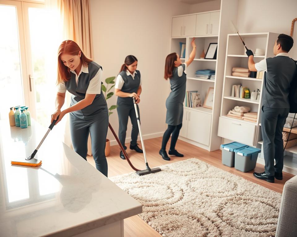 A professional deep cleaning service in action, showcasing a team of three individuals in neat, modest uniforms diligently performing various tasks. In the foreground, one person is scrubbing a sparkling kitchen countertop, while another is vacuuming a plush living room rug. The third team member is dusting high shelves with an extendable duster. In the middle ground, you can see an organized array of cleaning supplies, including spray bottles and microfiber cloths. The background features a sunlit window, casting warm light that highlights the cleanliness and order of the space. The mood is efficient and thorough, conveying a sense of professionalism and attention to detail in a beautifully maintained home environment. A professional deep cleaning service in action, showcasing a team of three individuals in neat, modest uniforms diligently performing various tasks. In the foreground, one person is scrubbing a sparkling kitchen countertop, while another is vacuuming a plush living room rug. The third team member is dusting high shelves with an extendable duster. In the middle ground, you can see an organized array of cleaning supplies, including spray bottles and microfiber cloths. The background features a sunlit window, casting warm light that highlights the cleanliness and order of the space. The mood is efficient and thorough, conveying a sense of professionalism and attention to detail in a beautifully maintained home environment.