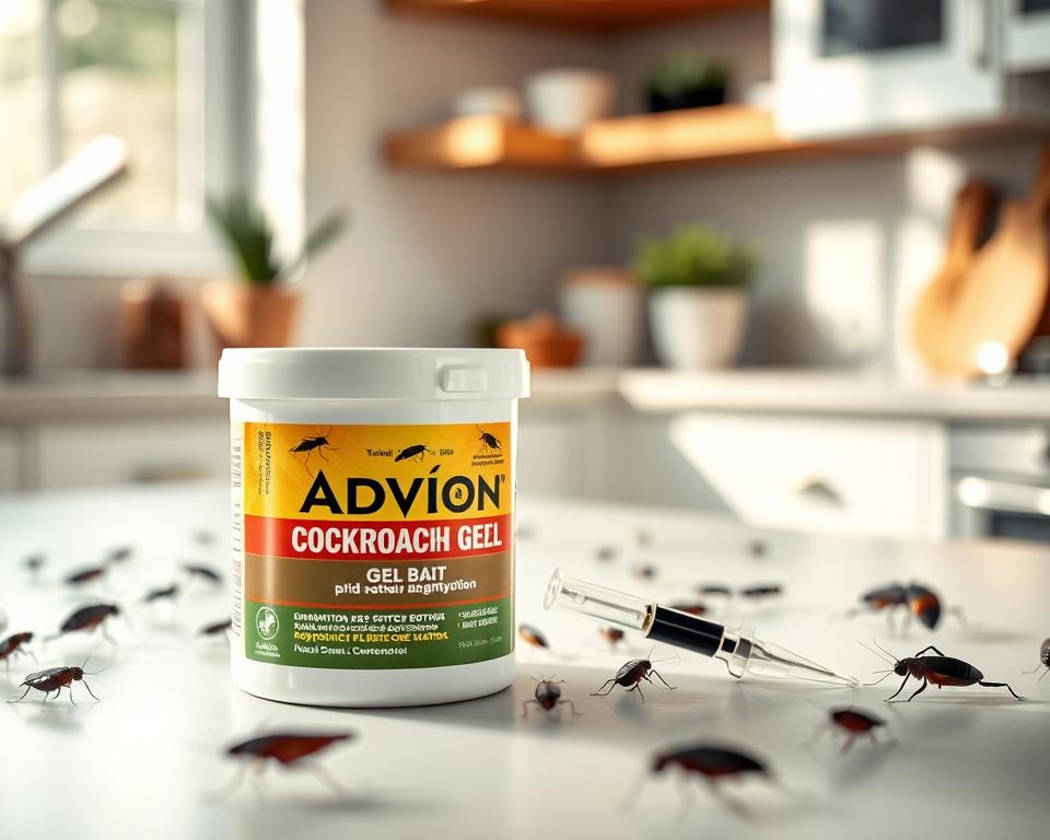 A professional-grade cockroach gel bait container prominently displayed in the foreground, showcasing its sleek, modern packaging with clear labeling of "Advion Cockroach Gel" in bold letters. Surrounding the gel bait, various cockroach silhouettes and a subtle representation of a clean indoor setting, like a kitchen counter. In the middle ground, a small application tool, such as a syringe or precision nozzle, is elegantly positioned alongside the bait. Soft, diffused natural lighting illuminates the scene from the left, casting gentle shadows for depth. The background features out-of-focus elements like potted plants or kitchenware, creating a tidy and inviting atmosphere. The mood is informative and professional, emphasizing cleanliness and efficacy in pest control solutions. A professional-grade cockroach gel bait container prominently displayed in the foreground, showcasing its sleek, modern packaging with clear labeling of "Advion Cockroach Gel" in bold letters. Surrounding the gel bait, various cockroach silhouettes and a subtle representation of a clean indoor setting, like a kitchen counter. In the middle ground, a small application tool, such as a syringe or precision nozzle, is elegantly positioned alongside the bait. Soft, diffused natural lighting illuminates the scene from the left, casting gentle shadows for depth. The background features out-of-focus elements like potted plants or kitchenware, creating a tidy and inviting atmosphere. The mood is informative and professional, emphasizing cleanliness and efficacy in pest control solutions.