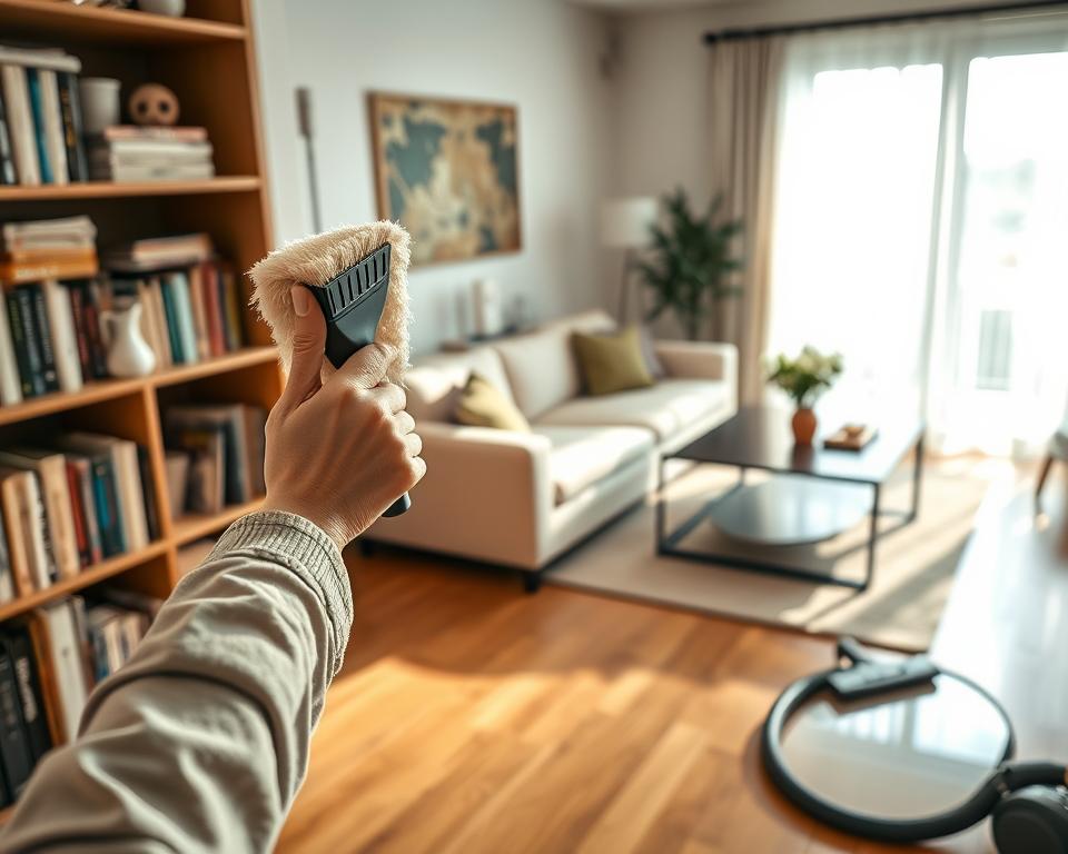 A serene and tidy home interior showcasing regular cleaning tasks. In the foreground, a pair of hands in modest casual attire are dusting a well-organized bookshelf filled with various books and decorative items. In the middle ground, a neatly vacuumed living room with a plush couch, a coffee table with fresh flowers, and gleaming hardwood floors creates a welcoming atmosphere. In the background, a sunlit window with sheer curtains allows natural light to flood the space, casting soft shadows that enhance the cleanliness. The overall mood is calm and inviting, highlighting the importance of regular cleaning as a foundation of home maintenance. The scene is captured with a warm, soft focus lens to emphasize the homeliness and attention to detail. A serene and tidy home interior showcasing regular cleaning tasks. In the foreground, a pair of hands in modest casual attire are dusting a well-organized bookshelf filled with various books and decorative items. In the middle ground, a neatly vacuumed living room with a plush couch, a coffee table with fresh flowers, and gleaming hardwood floors creates a welcoming atmosphere. In the background, a sunlit window with sheer curtains allows natural light to flood the space, casting soft shadows that enhance the cleanliness. The overall mood is calm and inviting, highlighting the importance of regular cleaning as a foundation of home maintenance. The scene is captured with a warm, soft focus lens to emphasize the homeliness and attention to detail.
