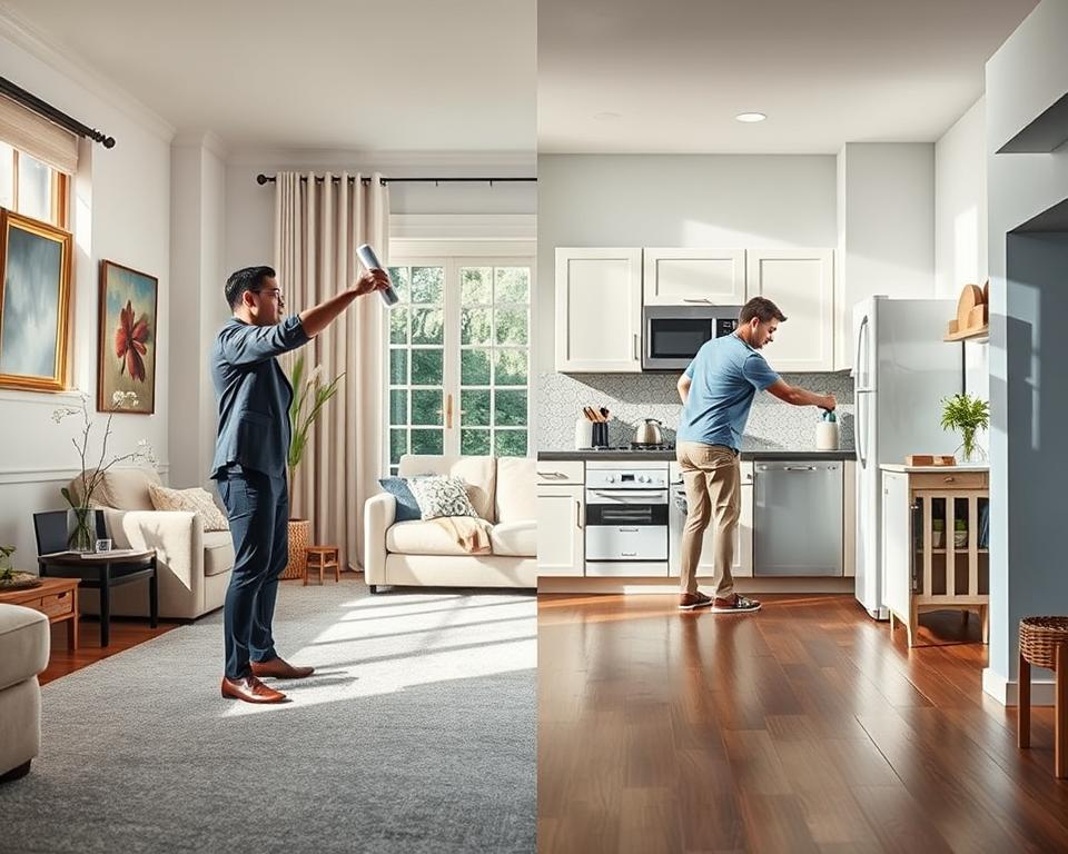 A split scene illustrating the key distinctions between deep cleaning and regular cleaning. In the foreground, depict a clean, organized living room with a person in professional attire, demonstrating regular cleaning by dusting surfaces. In the middle ground, showcase the contrasting area of a kitchen undergoing deep cleaning with another individual in modest casual clothing, scrubbing cabinets and cleaning behind appliances. The background features a bright, welcoming atmosphere with sunlight filtering through the windows, casting soft shadows. Use a wide-angle lens to capture the detail of both cleaning methods simultaneously. The mood should be informative and engaging, highlighting the thoroughness of deep cleaning versus the maintenance focus of regular cleaning, with crisp, clear lighting enhancing the visual separation of the two processes. A split scene illustrating the key distinctions between deep cleaning and regular cleaning. In the foreground, depict a clean, organized living room with a person in professional attire, demonstrating regular cleaning by dusting surfaces. In the middle ground, showcase the contrasting area of a kitchen undergoing deep cleaning with another individual in modest casual clothing, scrubbing cabinets and cleaning behind appliances. The background features a bright, welcoming atmosphere with sunlight filtering through the windows, casting soft shadows. Use a wide-angle lens to capture the detail of both cleaning methods simultaneously. The mood should be informative and engaging, highlighting the thoroughness of deep cleaning versus the maintenance focus of regular cleaning, with crisp, clear lighting enhancing the visual separation of the two processes.