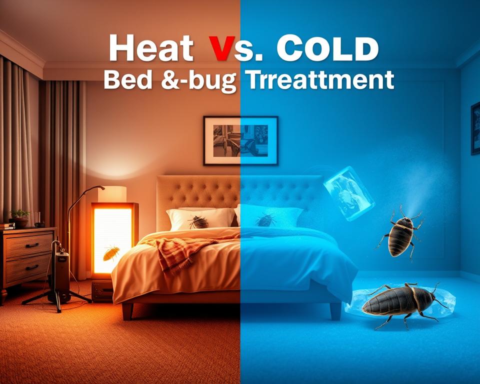 A split-screen image illustrating "Heat vs. Cold Bed Bug Treatment." On the left side, depict a professional, well-lit living room with a bed surrounded by heat treatment equipment: a portable heater radiating warmth, with visuals of bed bugs depicted in a glowing, defeated state. On the right side, show a contrasting, cooler atmosphere in a similarly styled room, featuring ice packs and a spray mist representing cold treatment, with bed bugs appearing lifeless against a frosty blue background. The atmosphere should convey a sense of competition between the two methods, with focused lighting highlighting both treatments clearly. The layout should be balanced to emphasize the comparison, shot from an eye-level angle to engage viewers effectively. A split-screen image illustrating "Heat vs. Cold Bed Bug Treatment." On the left side, depict a professional, well-lit living room with a bed surrounded by heat treatment equipment: a portable heater radiating warmth, with visuals of bed bugs depicted in a glowing, defeated state. On the right side, show a contrasting, cooler atmosphere in a similarly styled room, featuring ice packs and a spray mist representing cold treatment, with bed bugs appearing lifeless against a frosty blue background. The atmosphere should convey a sense of competition between the two methods, with focused lighting highlighting both treatments clearly. The layout should be balanced to emphasize the comparison, shot from an eye-level angle to engage viewers effectively.