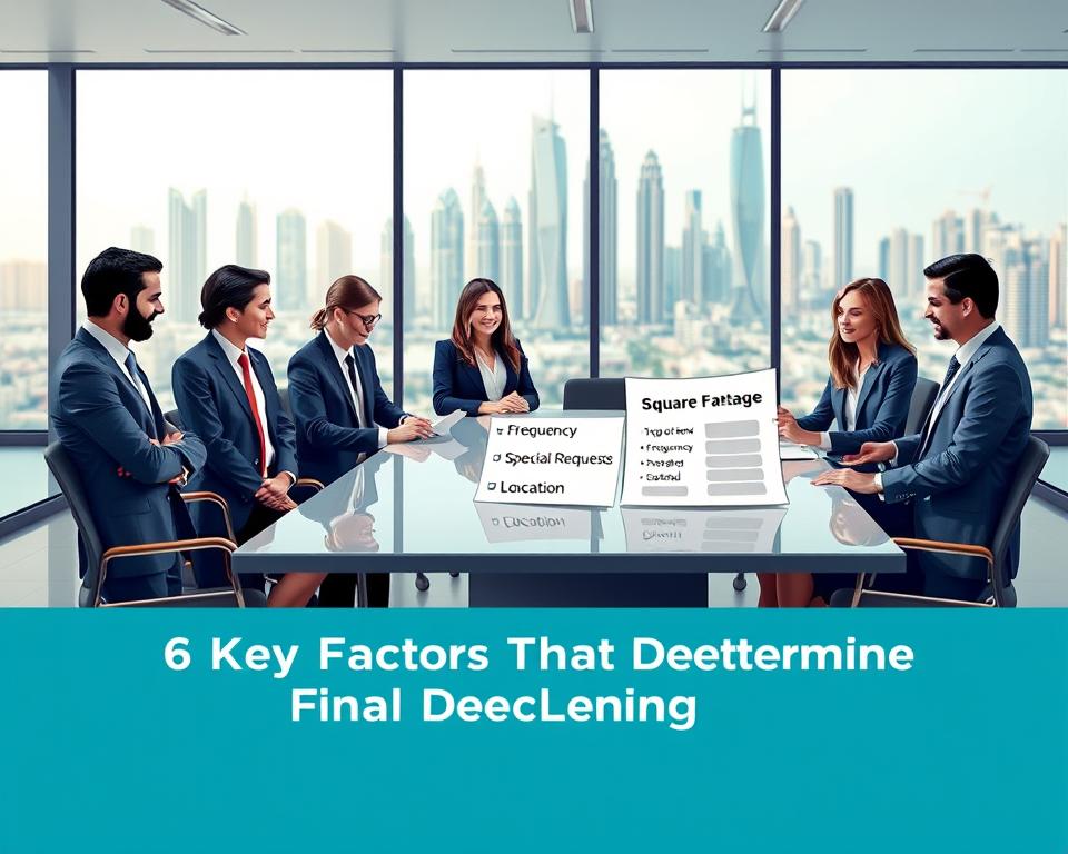 A visually engaging and informative illustration portraying "6 Key Factors That Determine Your Final Deep Cleaning Quote." In the foreground, a professional, diverse group of individuals in business attire is gathered around a sleek, modern conference table, reviewing a document that lists key factors such as “Square Footage,” “Type of Service,” “Frequency,” “Condition of Home,” “Special Requests,” and “Location.” In the middle ground, a spacious, immaculately cleaned office environment showcases large windows with natural light flooding in, highlighting cleanliness with gleaming surfaces. The background features a cityscape of Dubai with iconic buildings, subtly blurred to emphasize the main action. The atmosphere is one of professionalism and collaboration, accented by warm, inviting lighting that creates a sense of clarity and focus. A visually engaging and informative illustration portraying "6 Key Factors That Determine Your Final Deep Cleaning Quote." In the foreground, a professional, diverse group of individuals in business attire is gathered around a sleek, modern conference table, reviewing a document that lists key factors such as “Square Footage,” “Type of Service,” “Frequency,” “Condition of Home,” “Special Requests,” and “Location.” In the middle ground, a spacious, immaculately cleaned office environment showcases large windows with natural light flooding in, highlighting cleanliness with gleaming surfaces. The background features a cityscape of Dubai with iconic buildings, subtly blurred to emphasize the main action. The atmosphere is one of professionalism and collaboration, accented by warm, inviting lighting that creates a sense of clarity and focus.