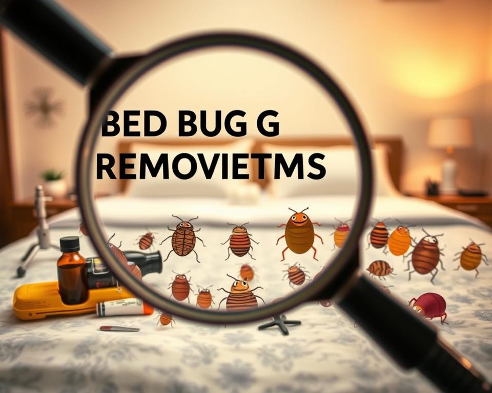 A visually striking composition illustrating bed bug removal myths. In the foreground, a magnifying glass hovers over a variety of common household items, such as a bottle of essential oils and a vacuum cleaner, symbolizing ineffective removal strategies. The middle ground features an array of cartoonish bed bugs, each with exaggerated expressions, to represent the myths—like the idea that bed bugs can be eliminated by heat from a hairdryer. In the background, a cozy bedroom setting with neatly made beds and soft, warm lighting creates an inviting atmosphere. Utilize a shallow depth of field to draw focus to the foreground elements while maintaining a soft blur on the background. The mood should be lighthearted yet informative, capturing the essence of common misconceptions surrounding bed bug extermination. A visually striking composition illustrating bed bug removal myths. In the foreground, a magnifying glass hovers over a variety of common household items, such as a bottle of essential oils and a vacuum cleaner, symbolizing ineffective removal strategies. The middle ground features an array of cartoonish bed bugs, each with exaggerated expressions, to represent the myths—like the idea that bed bugs can be eliminated by heat from a hairdryer. In the background, a cozy bedroom setting with neatly made beds and soft, warm lighting creates an inviting atmosphere. Utilize a shallow depth of field to draw focus to the foreground elements while maintaining a soft blur on the background. The mood should be lighthearted yet informative, capturing the essence of common misconceptions surrounding bed bug extermination.