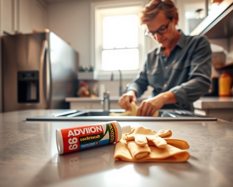 A well-lit kitchen setting where a homeowner is preparing to apply Advion cockroach gel bait. In the foreground, a neatly arranged countertop displays the Advion gel tube, a pair of rubber gloves, and a cleaning cloth. The homeowner, dressed in modest casual attire, is carefully removing items from beneath the sink, showcasing a clean space ready for bait application. The middle ground features organized kitchen appliances and cabinets, providing a sense of order. The background shows soft, warm lighting streaming through a window, creating an inviting atmosphere. The angle is slightly elevated, capturing the homeowner's focused expression as they prepare the area, emphasizing a sense of diligence and cleanliness in pest control preparation. A well-lit kitchen setting where a homeowner is preparing to apply Advion cockroach gel bait. In the foreground, a neatly arranged countertop displays the Advion gel tube, a pair of rubber gloves, and a cleaning cloth. The homeowner, dressed in modest casual attire, is carefully removing items from beneath the sink, showcasing a clean space ready for bait application. The middle ground features organized kitchen appliances and cabinets, providing a sense of order. The background shows soft, warm lighting streaming through a window, creating an inviting atmosphere. The angle is slightly elevated, capturing the homeowner's focused expression as they prepare the area, emphasizing a sense of diligence and cleanliness in pest control preparation.