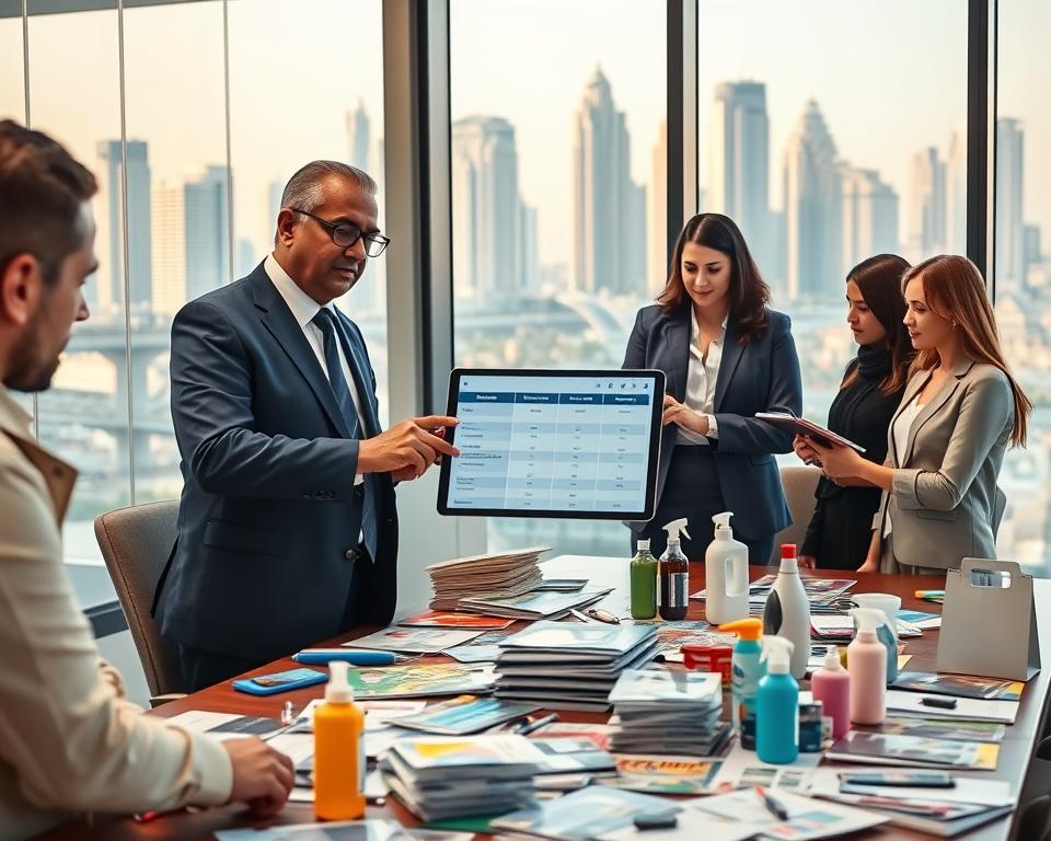 A well-organized professional meeting room in a modern office in Dubai, where a diverse group of individuals is engaged in discussing deep cleaning service options. In the foreground, a middle-aged South Asian man in a suit points to a digital tablet displaying cleaning service comparisons, surrounded by a young Caucasian woman taking notes. In the middle ground, a large conference table cluttered with brochures and cleaning products symbolizes various service offerings. The background features a large window with a view of Dubai's skyline, showcasing iconic buildings bathed in warm afternoon light. The atmosphere is focused and collaborative, highlighting professionalism and decision-making. The image is shot with a wide-angle lens to capture all elements, emphasizing the importance of choosing the right service. A well-organized professional meeting room in a modern office in Dubai, where a diverse group of individuals is engaged in discussing deep cleaning service options. In the foreground, a middle-aged South Asian man in a suit points to a digital tablet displaying cleaning service comparisons, surrounded by a young Caucasian woman taking notes. In the middle ground, a large conference table cluttered with brochures and cleaning products symbolizes various service offerings. The background features a large window with a view of Dubai's skyline, showcasing iconic buildings bathed in warm afternoon light. The atmosphere is focused and collaborative, highlighting professionalism and decision-making. The image is shot with a wide-angle lens to capture all elements, emphasizing the importance of choosing the right service.